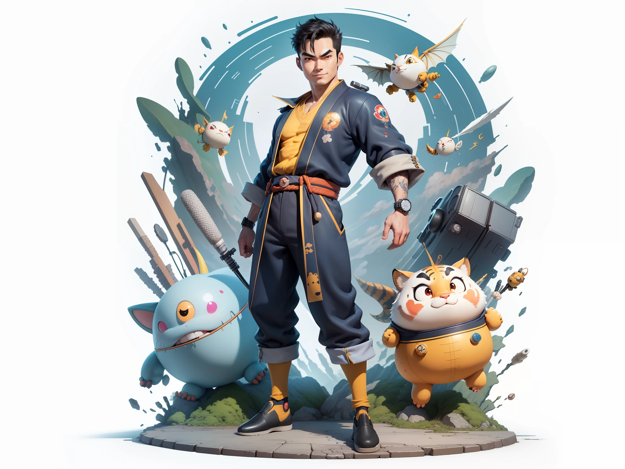 (Masterpiece), (Excellent), (Super Meticulous), (Full Body: 1.2), Super Young Man, Oriental Face, Japanese Kimono, Japanese Wind Thunder God, Dragon, Tiger, TV Anchor, Bust Portrait Illustration, Alone, Black Suit, Blue Tie, Slightly Chubby Face, Very Clean Face, No Beard, Black Super Short Hair, Black Eyes, Confident Smile, 3c Computer Sub-Products, iPad, iPhone, Digital Painting, 3D Character Design by Akira Toriyama and Mark Claireden and Pixar and Hayao Miyazaki, The illustration is a high-definition illustration in 4K resolution with very detailed facial features and cartoon-style visuals.