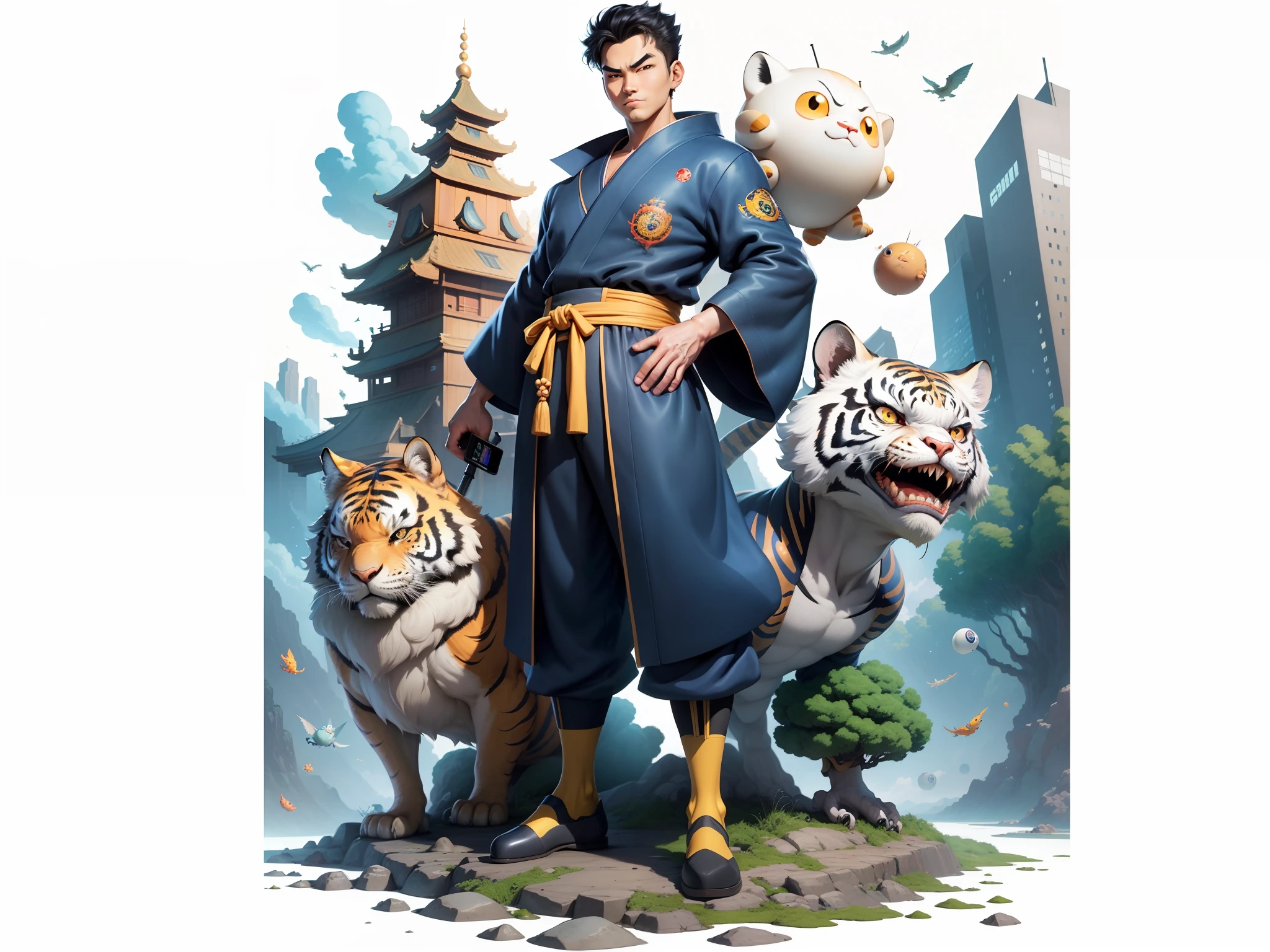 (Masterpiece), (Excellent), (Super Meticulous), (Full Body: 1.2), Super Young Man, Oriental Face, Japanese Kimono, Japanese Wind Thunder God, Dragon, Tiger, TV Anchor, Bust Portrait Illustration, Alone, Black Suit, Blue Tie, Slightly Chubby Face, Very Clean Face, No Beard, Black Super Short Hair, Black Eyes, Confident Smile, 3c Computer Sub-Products, iPad, iPhone, Digital Painting, 3D Character Design by Akira Toriyama and Mark Claireden and Pixar and Hayao Miyazaki, The illustration is a high-definition illustration in 4K resolution with very detailed facial features and cartoon-style visuals.