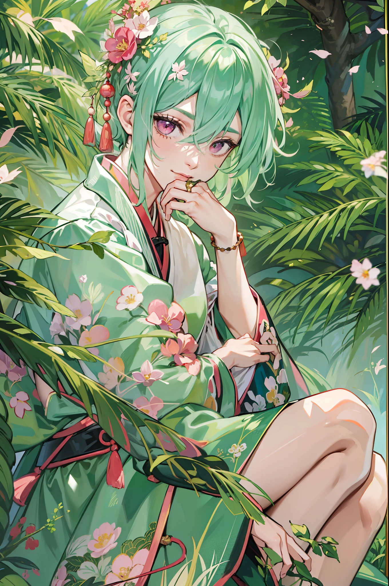 Best quality at best，tmasterpiece，very detailed wallpaper，Green hair，Pink eyes，Hide arms，bblurry，longer sleeves，blur backgroun，独奏，1 male teenager，Childish and cute，Chinese outfit，malefocus，looking at viewert，leafs，florals，robe，hair adornments, ssmile