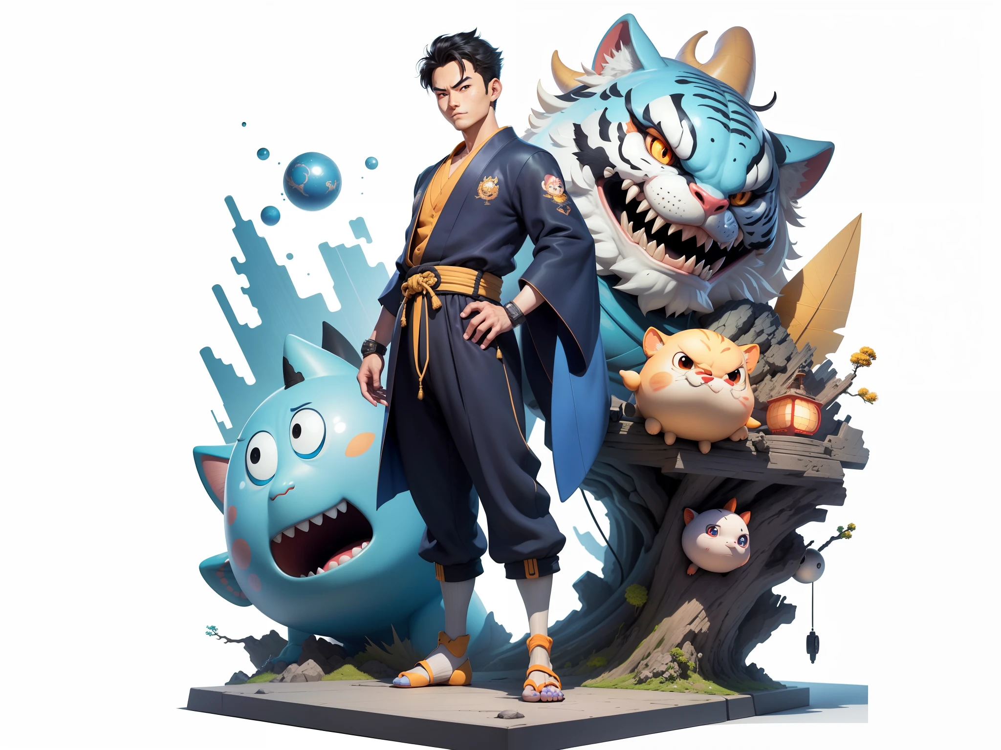 (Masterpiece), (Excellent), (Super Meticulous), (Full Body: 1.2), Super Young Man, Oriental Face, Japanese Kimono, Japanese Wind Thunder God, Dragon, Tiger, TV Anchor, Bust Portrait Illustration, Alone, Black Suit, Blue Tie, Slightly Chubby Face, Very Clean Face, No Beard, Black Super Short Hair, Black Eyes, Confident Smile, 3c Computer Sub-Products, iPad, iPhone, Digital Painting, 3D Character Design by Akira Toriyama and Mark Claireden and Pixar and Hayao Miyazaki, The illustration is a high-definition illustration in 4K resolution with very detailed facial features and cartoon-style visuals.