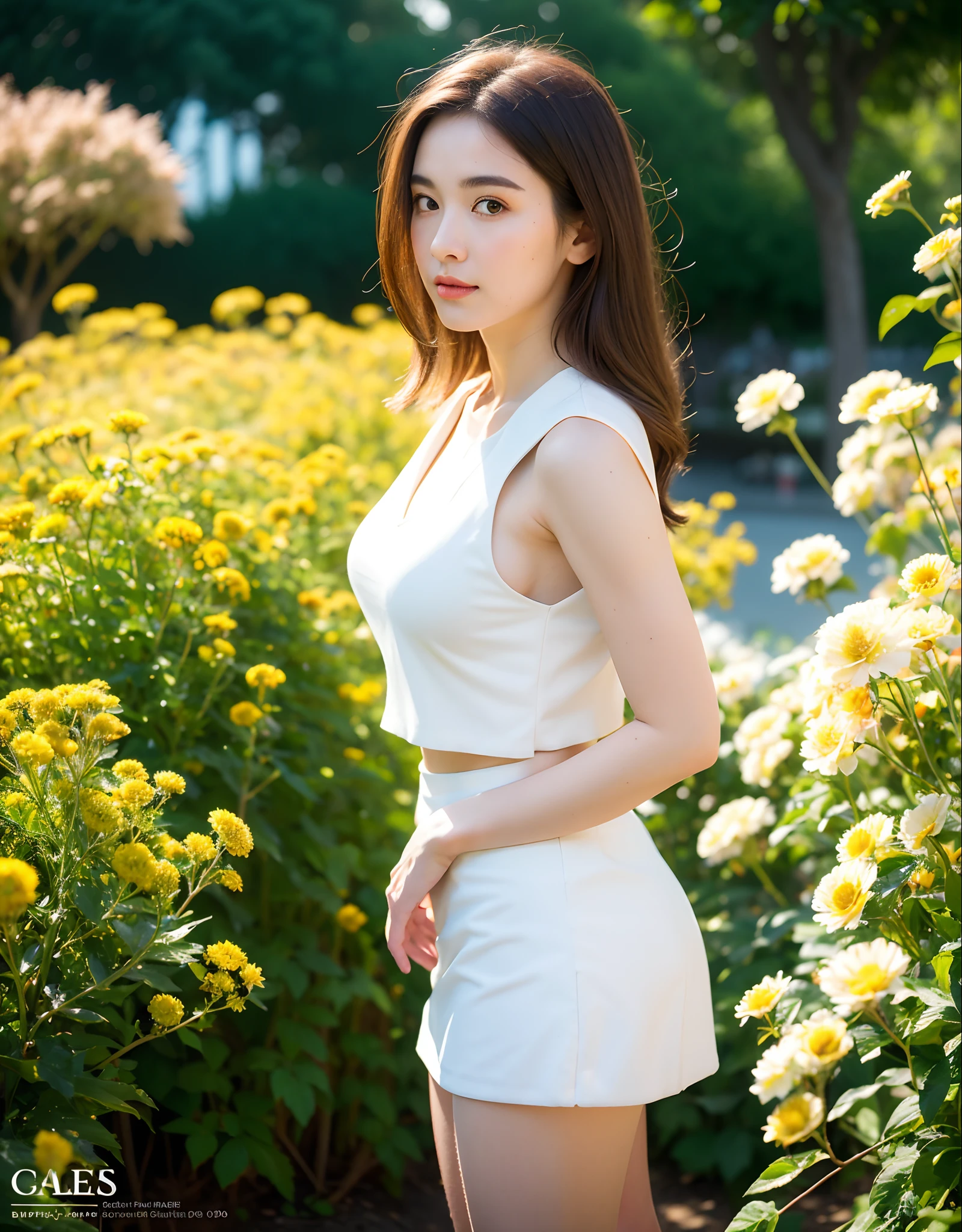 (Best Quality, Masterpiece: 1.2), Portrait, Breasts, Outdoor, 25-Year-Old Woman in the Garden: 2, White Miniskirt, (Pale Yellow Flower Confusion in the Background: 1.3) Same character, different costume, different angle, backlight: 1.5, rich skin detail: 1.5,