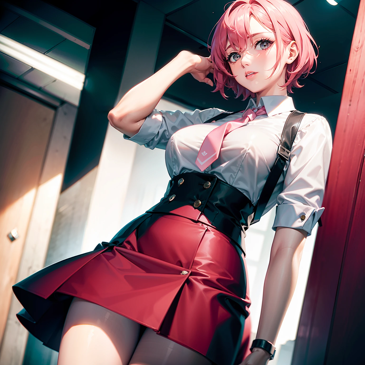 a handsome female, short pink hair, white blouse, red tie, blackskirt