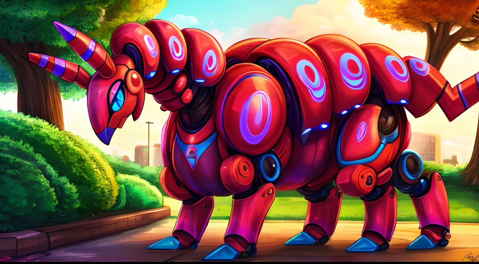 Scolipede ,obra maestra,mejor calidad,estilo de arte de dimwitdog ,robot maquina,metalico,shiny skin,metallic, mechanical,pokemon,cute pose,cheerful, smile,black sclera, blue eyes, shiny skin,feral, femenine,park,robot face,nsfw,sexy, thicc,big boobs,big ass,chubby,vagina,ano,pussy focus