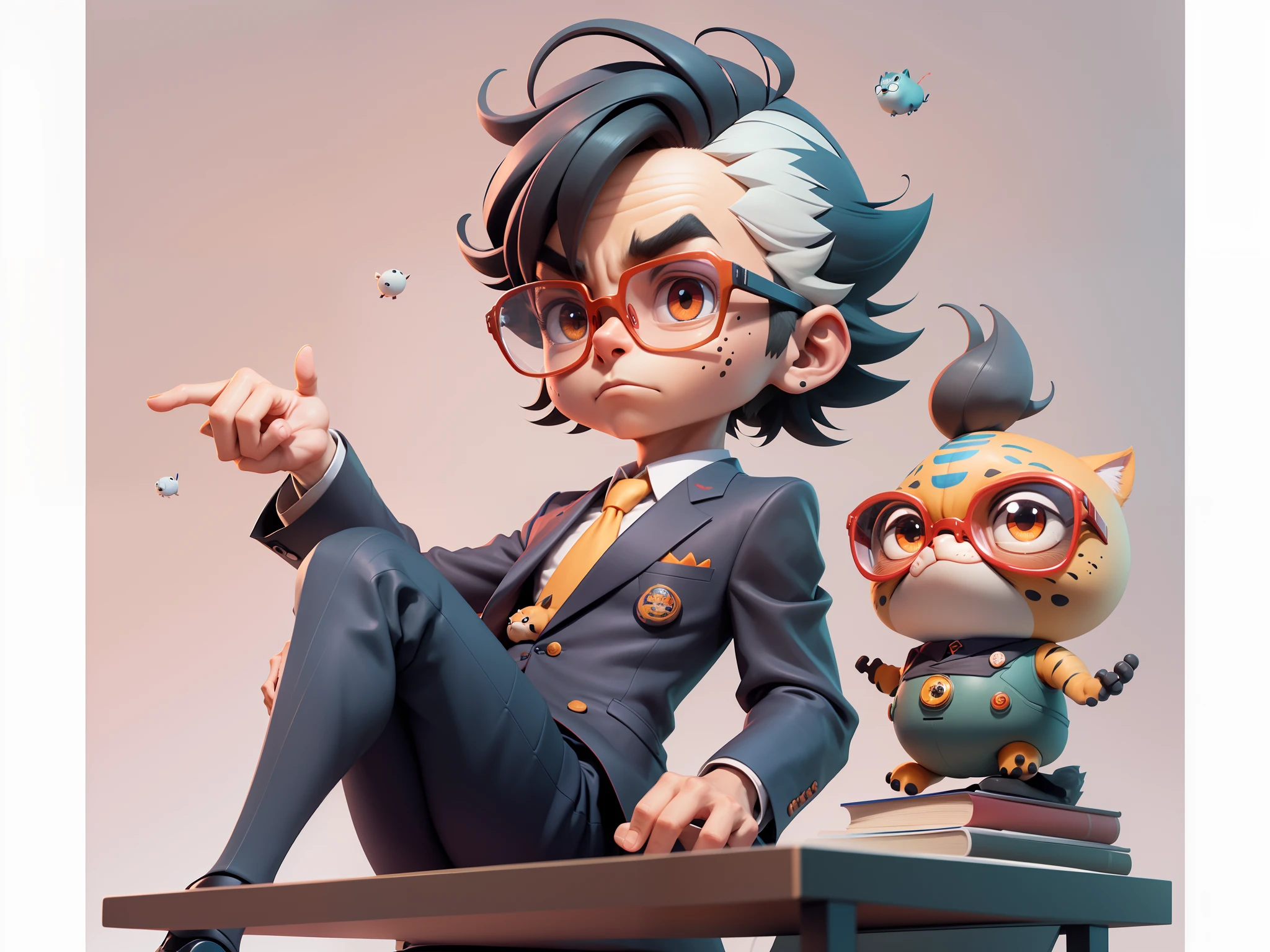 A young man in a suit, Short hair and glasses sat at his desk，holding laptop，digitial painting，tigre，3D character design by Mark Clairen and Pixar and Hayao Miyazaki and Akira Toriyama，4K HD illustration，Very detailed facial features and cartoon-style visuals。