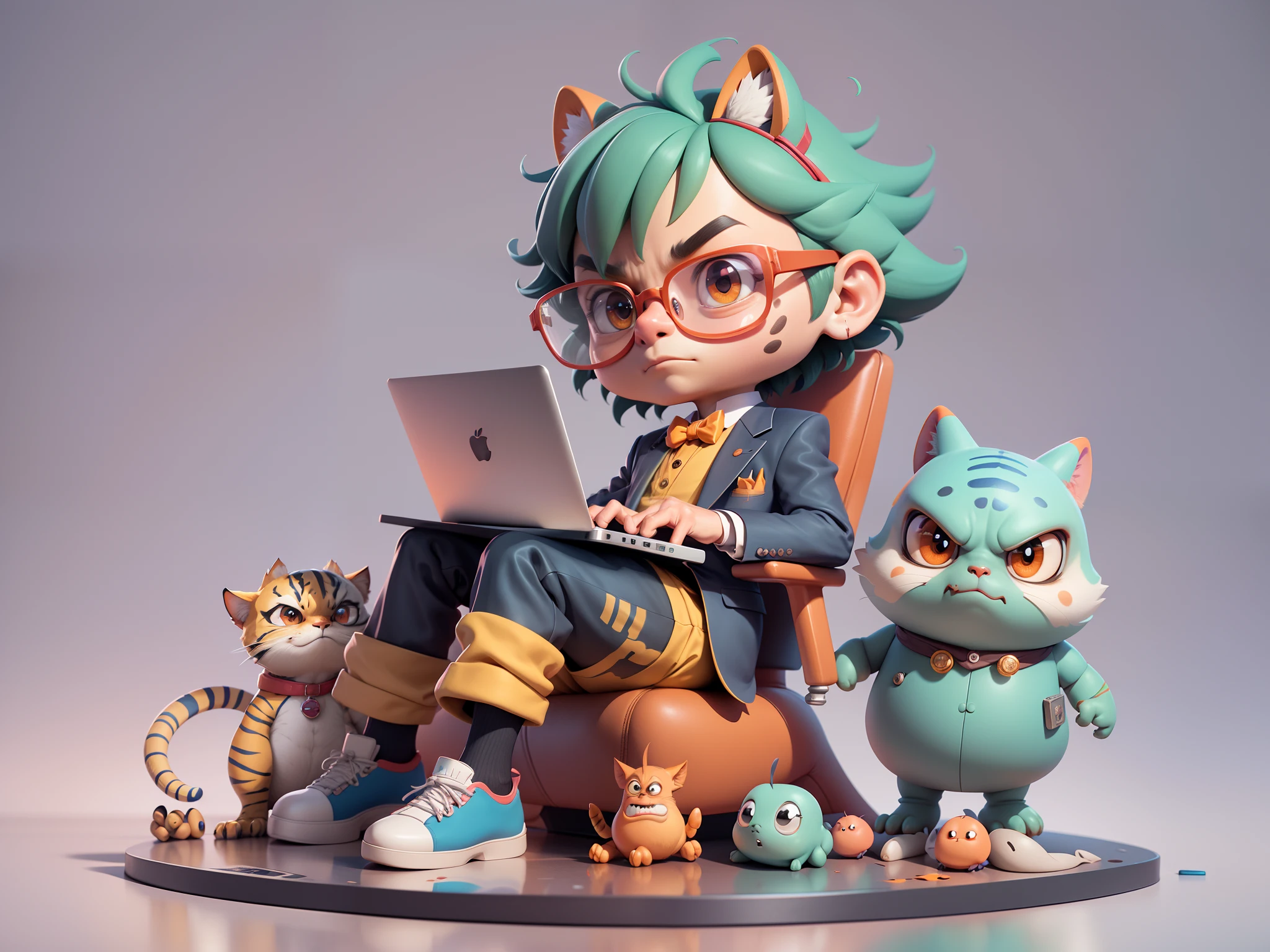 A young man in a suit, Short hair and glasses sat at his desk,holding laptop,digitial painting,tigre,3D character design by Mark Clairen and Pixar and Hayao Miyazaki and Akira Toriyama,4K HD illustration,Very detailed facial features and cartoon-style visuals。