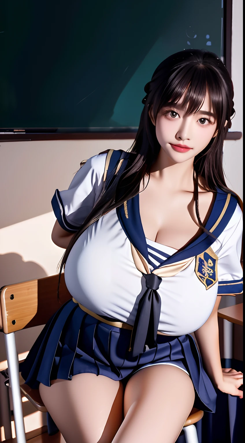 （A little loli little girl），（Immature Slightly thin face），（Super swollen: Exaggerated scale: Swelling, Huge chest，super gigantic breasts），（Full clothing supported by breasts），（Plump clothing is supported by breasts），long whitr hair，（Put on a tight sailor suit，Wearing a thong），（The reveal panties），Waist less school shirt，Low neck uniform，Many people's classroom background, sit on chair，Pose，Do difficult moves，Adopt a variety of sports positions，Pure temperament，ssmile，perfect  eyes, perfect hand，超高分辨率, Movie Angle, Professional lighting, best qualtiy, tmasterpiece, Perfect focus，Background bokeh，realisticlying，Ultra-high ress fabric texture，8k eye details，8K pupils，