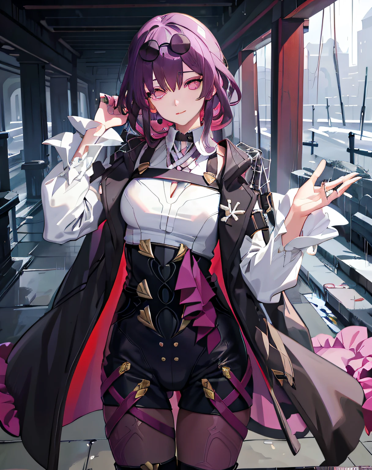 tmasterpiece,1girl,mail over eyes,widow,Purple colored hair，Purple eye,graveyard,rain,wet,standing，Look at the other person，1girll, KafkaHKS, sunglasses, eyewear on head, Jacket, White shirt