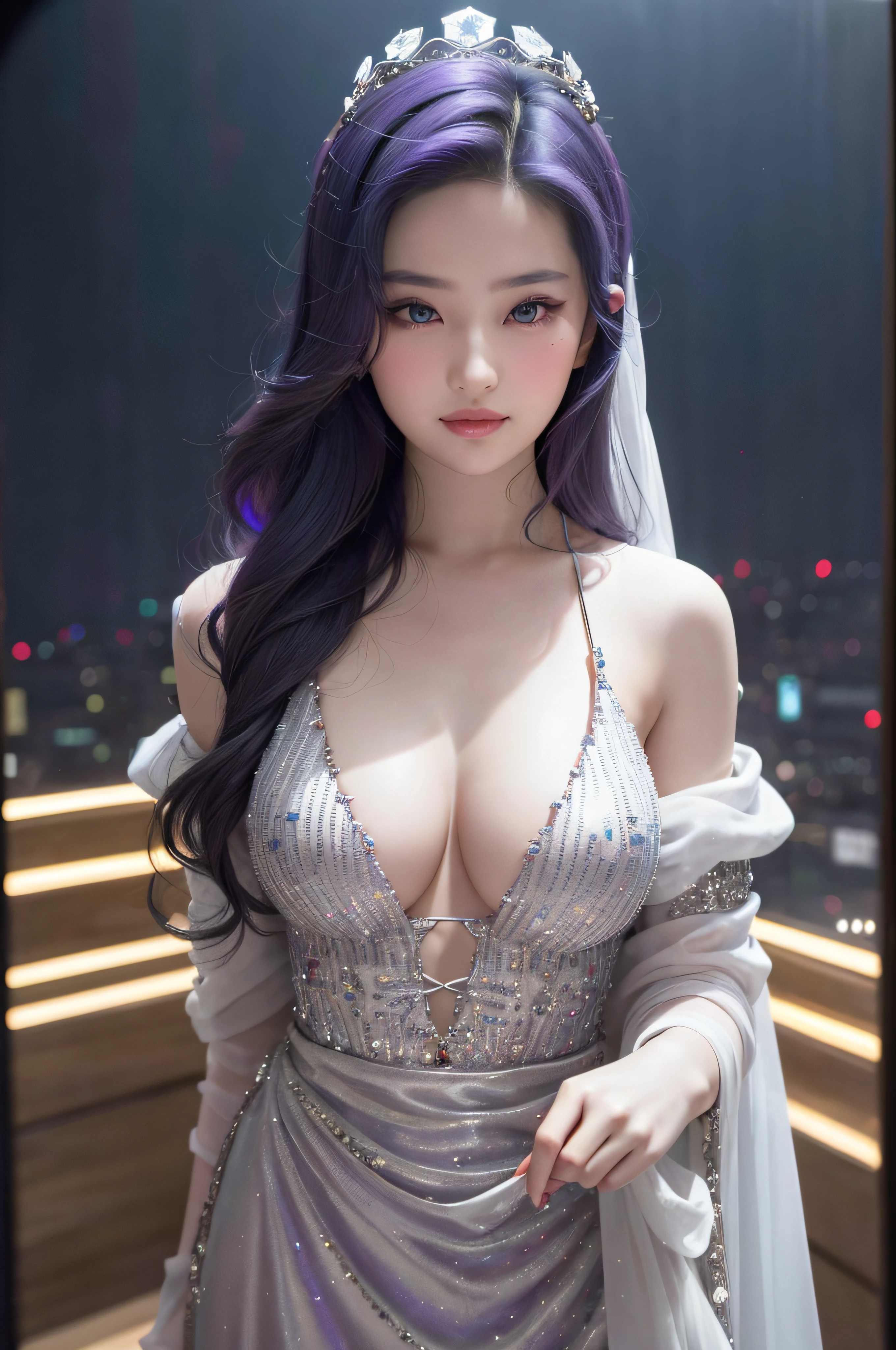 Photo of an 18-year-old girl,Beautiful vintage colors,Instagram(realisticlying,A high resolution:1.4),(Clear eyes)),looking at viewert,full bodyesbian(8K,RAW photos,best qualtiy,tmasterpiece:1.2),(realisticlying,photograph realistic:1.37),(Sharp focus:1.2),profesional lighting,photon maping,Radio City,physically-based renderingt,(paleskin:1.2),(huge tit:1.5),looking at viewert,(Hair in the middle:1.5),sportrait,a purple eye, (Silvery hair:1.2), By bangs, Young teeth,Mature face,(simplebackground:1.4), 独奏, full bodyesbian, Realistis, (tmasterpiece:1.4), (best qualtiy:1.4), (shiny skins), fashionable girl, putting makeup on, ssmile(being thin, Keep one's mouth shut,is shy:1.3), (Diamond-encrusted sheer sun dress:1.5513),A diamond crown is worn on his head (standing on your feet:1.2),huge tit:1.5, Huge cleavage, sexyposture, {NSFW:1.2},Mischievous,ssmile,