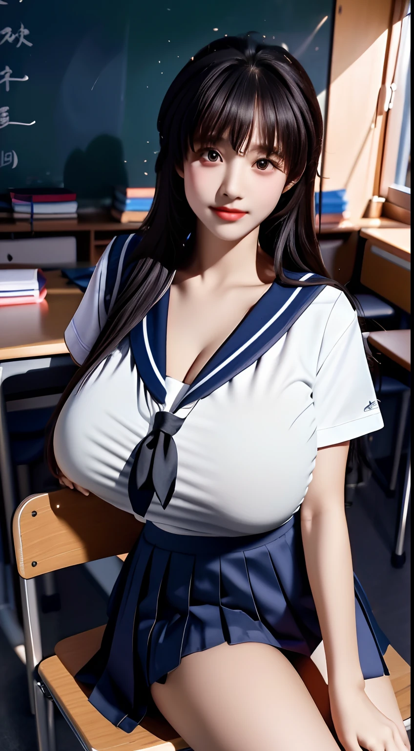 （A ），（Immature Slightly thin face），（Super swollen: Exaggerated scale: Swelling, Huge chest，super gigantic breasts），（Full clothing supported by breasts），（Plump clothing is supported by breasts），long whitr hair，（Put on a tight sailor suit，Wearing a thong），（The reveal panties），Waist less school shirt，Low neck uniform，Classroom backgrounds for many people, sit on chair，Pose，Do difficult moves，Adopt a variety of sports positions，Pure temperament，ssmile，perfect  eyes, perfect hand，超高分辨率, Movie Angle, Professional lighting, best qualtiy, tmasterpiece, Perfect focus，Background bokeh，realisticlying，Ultra-high ress fabric texture，8k eye details，8K pupils，