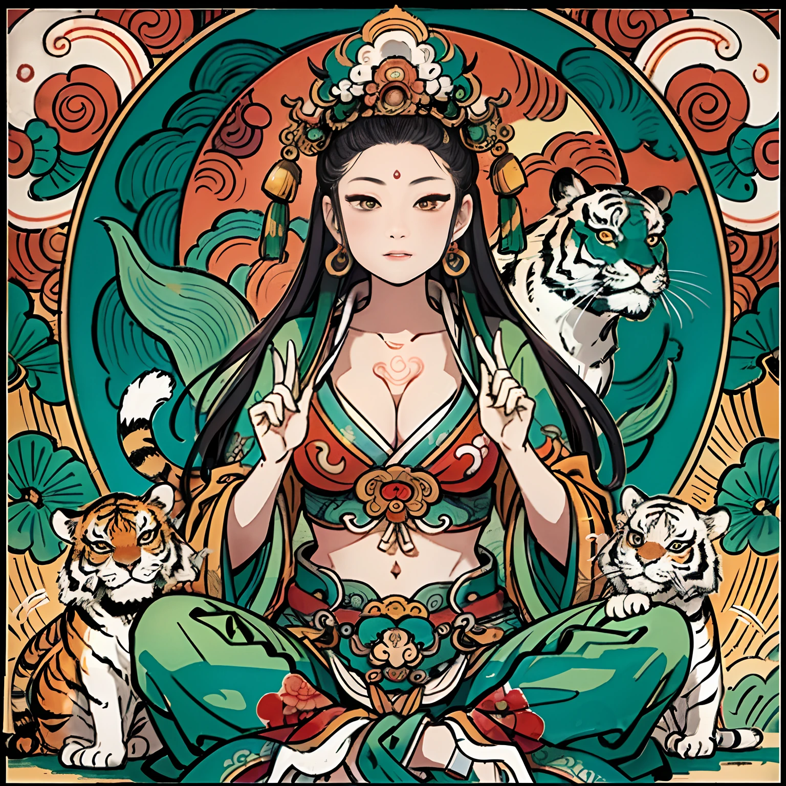 an ancient Chinese goddess, guanyin of the southern seas, Guanyin, Inspired by India, Avalokiteshvara rides a tiger,,Serene expression,shui mo hua,Buddha,Buddhist,Lotus,Chinese painting style,Thangka style