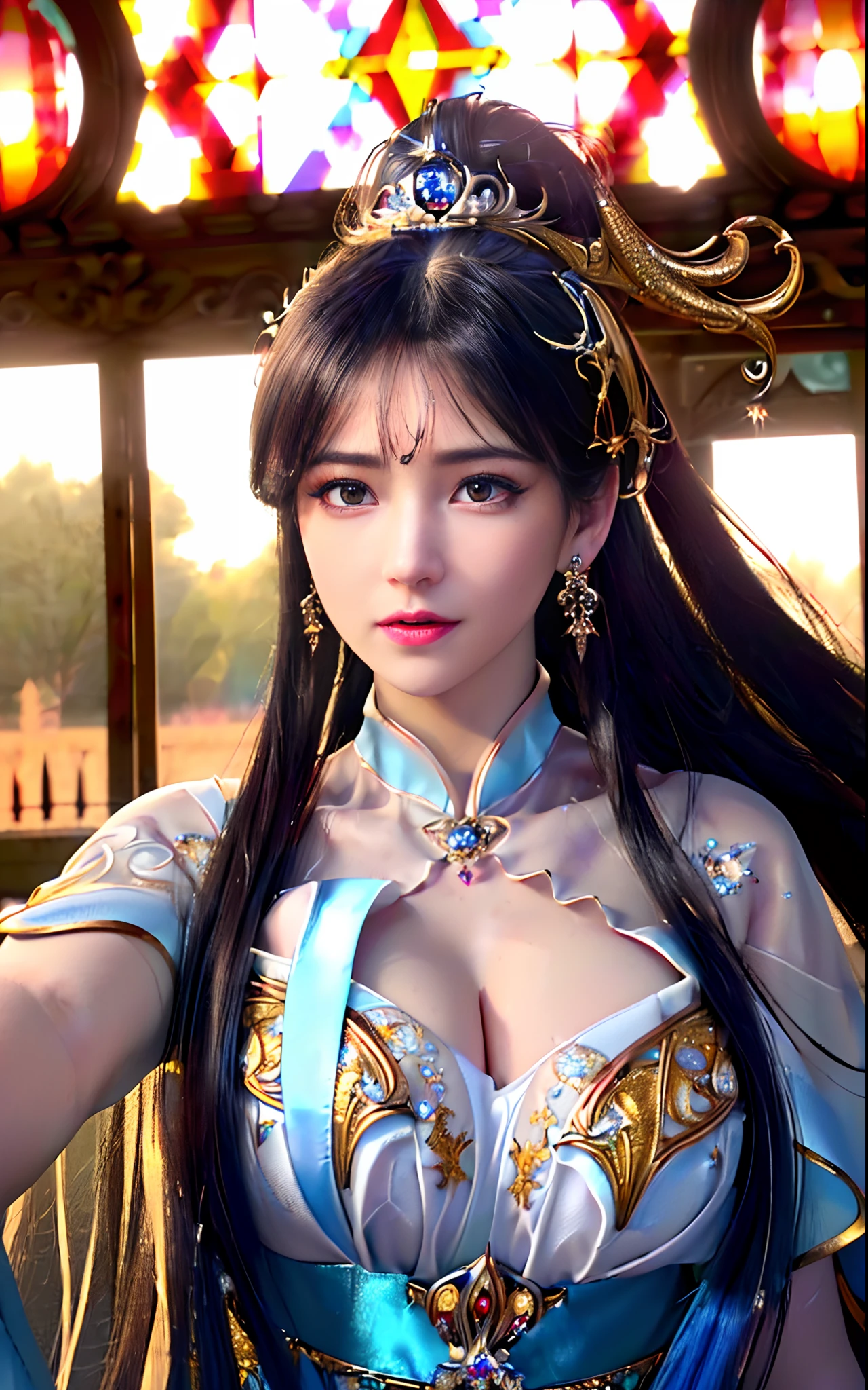 ((realisticity: 1.2)), ((realistic: 8K UHD)), ((best resolution: 8K UHD)), hyper detailed, best quality,masterpiece,highres,cg,
((1 hyper detailed and hyper realistic girl)), ((very beautiful queen dazzling, hyper realistic, and hyper detailed)),((white skin, beautiful, smooth, youthful, hyper realistic and hyper detailed
)), ((Hyper beautiful face, white, hyper realistic and hyper detailed)), long hair, ((hyper realistic and hyper detailed dress)), solo, ((hyper realistic, hyper beautiful, gorgeous and hyper detailed jewelry)), ((hyper beautiful, hyper realistic and hyper detailed dark red and golden yellow dress)),
((Hyper beautiful, hyper realistic, hyper detailed diamond filled earrings)),
  ((Hyper beautiful, hyper realistic and hyper detailed diamond filled hair ornament)), ((hyper beautiful upper body, hyper beautiful, hyper 
 realistic and hyper detailed)), ((big breasts: 2.5)), 
((Hyper grand, hyper realistic and hyper detailed royal palace backgroun))
((Hyper beautiful, hyper beautiful, hyper realistic and hyper detailed hair bun)), ((hyper beautiful, hyper realistic and hyper detailed blue hair)),
candid, Photograph, high resolution, 8k,Bokeh,