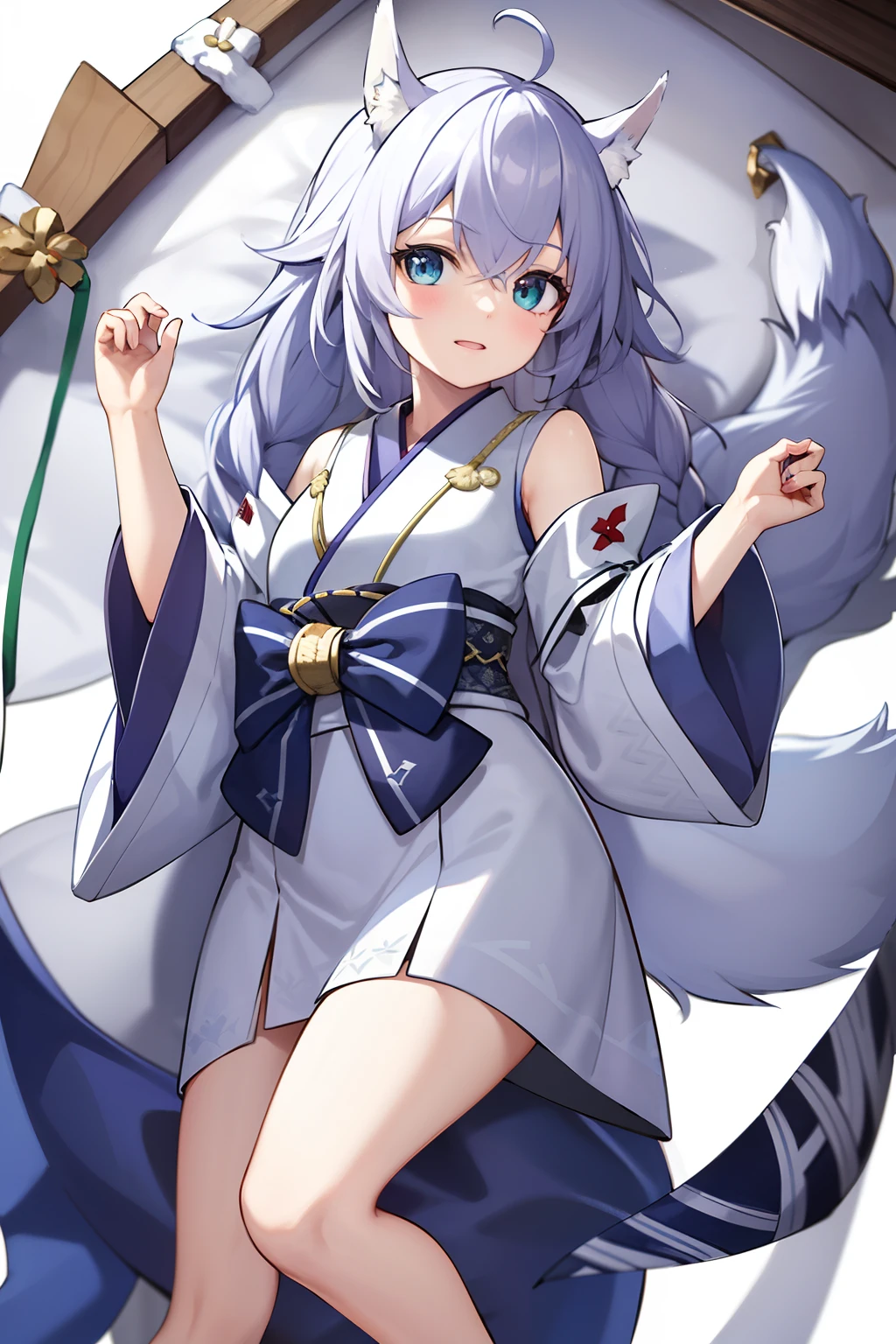 1girll,tmasterpiece,8K,Half realistic,4K,RTX,Shaders,brilliant texture work,White color hair,White fox ears,Kimono with white