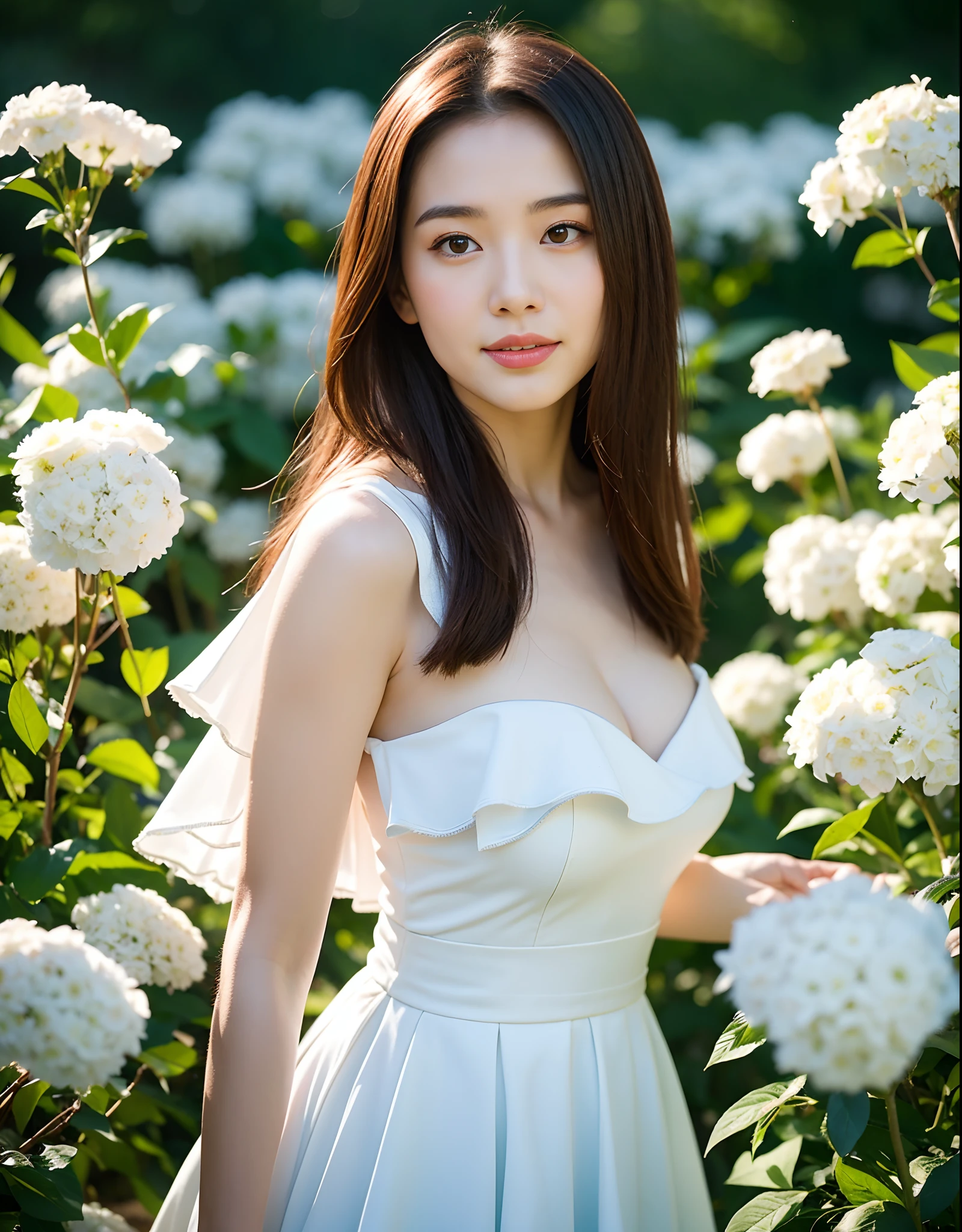 (Best quality, masterpiece: 1.2), portrait, , outdoors, a 25-year-old woman named Yiping in the garden: 2, white thin summer long dress, light blue flowers in the background mess: 1.3) Same character, different costume, different angle, backlight: 1.5, rich skin details: 1.5,
