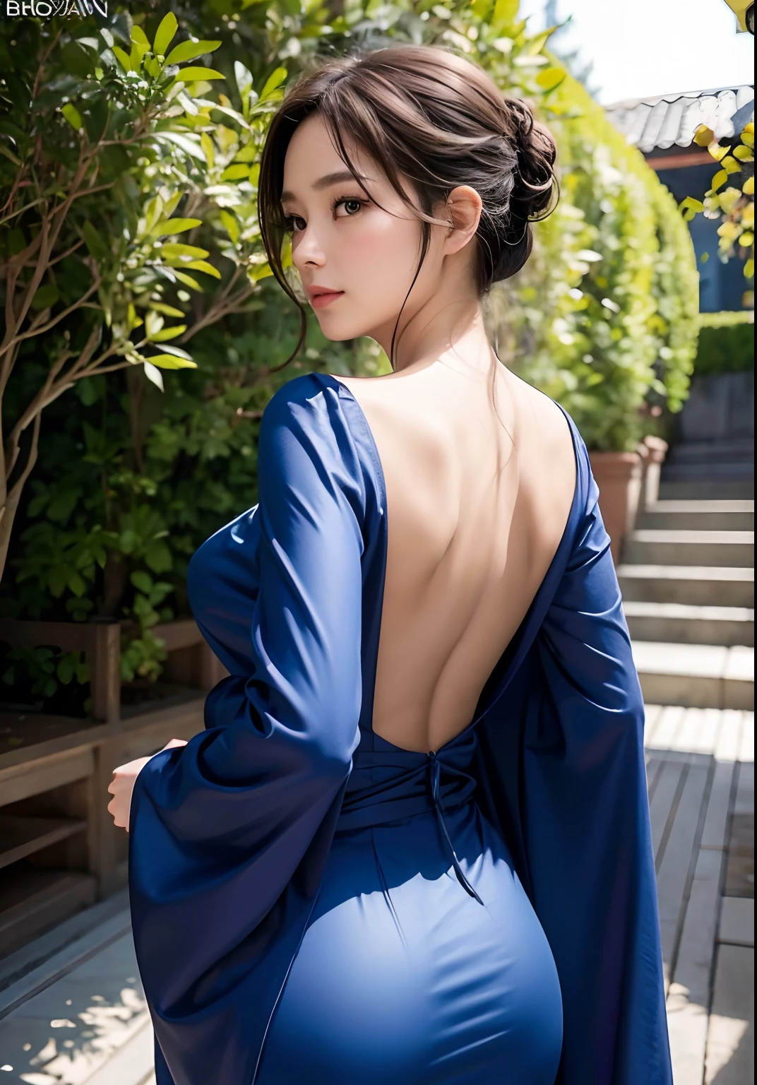 Masterpiece , best quality , thin to trasparent , busty, cleavage, perfect hands, perfect fingers, perfect fit, perfect body, perfect face, perfect image realism, detailed background, detailed outfit , lewd , hyperrealism, photorealistic, unreal engine, octane render, 8k, highest resolution, highly detailed, upper body, fair skin ,kimono dress, perfect ass, shot from behind, perfect angle perfect view