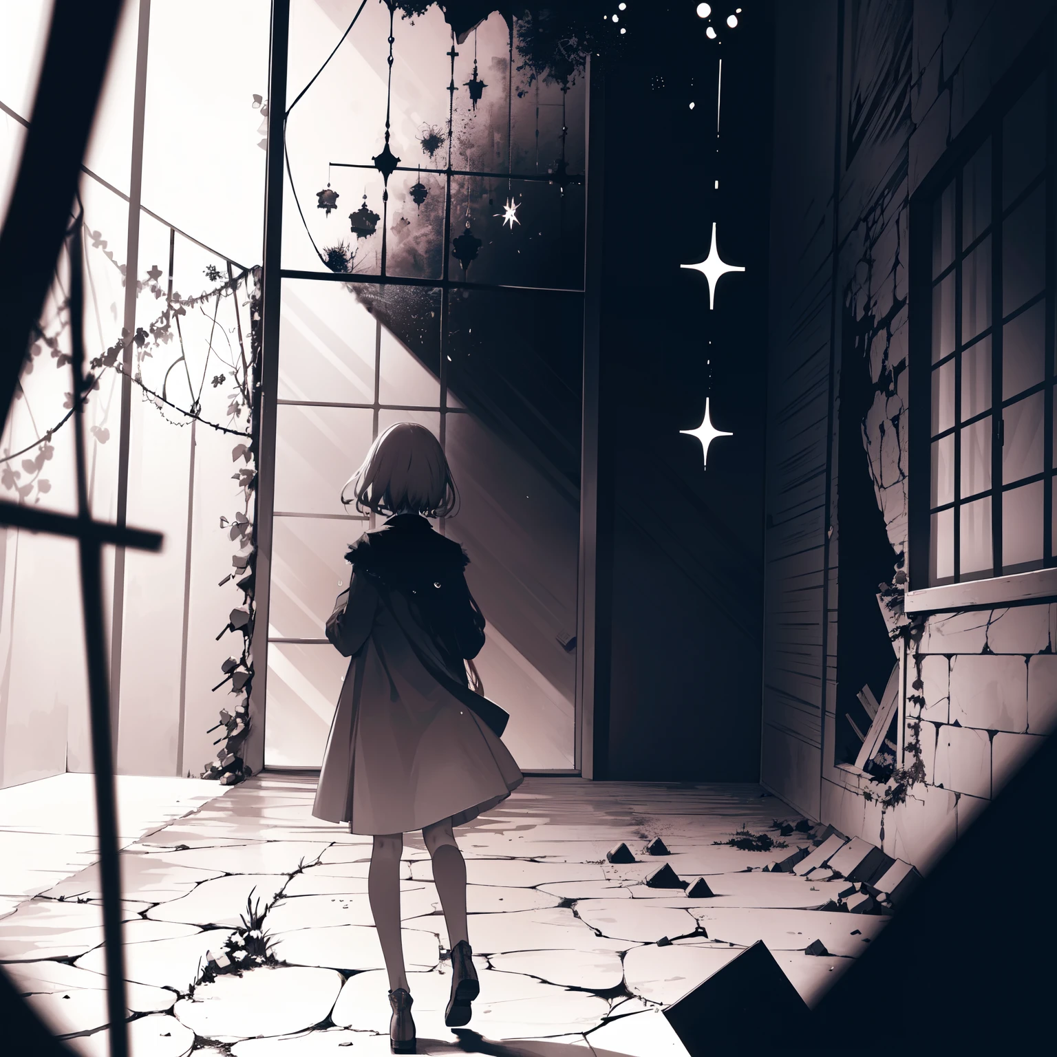 Within the ruins, very dark chaos vibes, there was a blonde haired girl, crying under a sky without stars and sun ((monochromatic))
