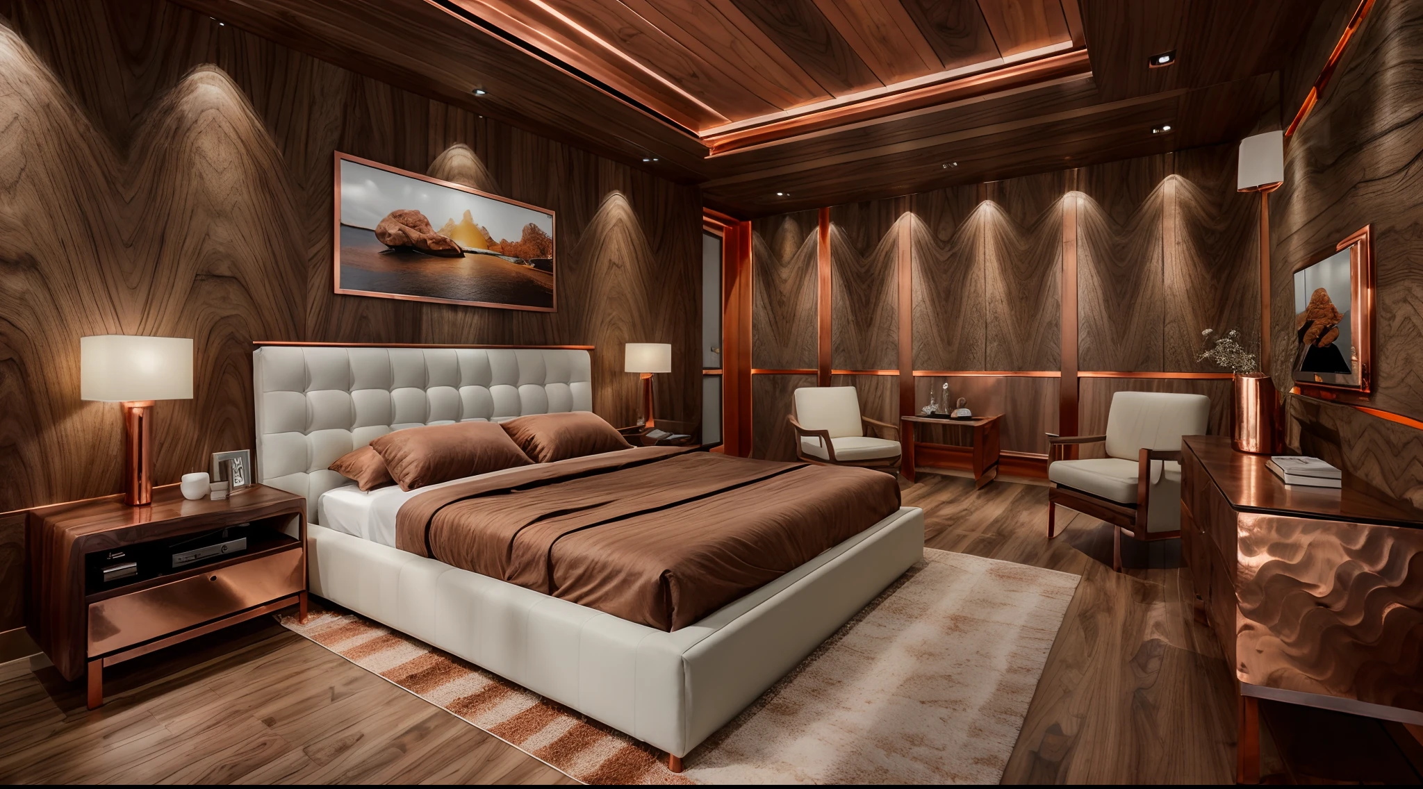 RAW photo, Masterpiece, high quality, best quality, authentic, super detailed,(( walnut furniture )), minimalist architecture, minimalist bedroom, couch, table, carpet , tv stand, sofa, window, curtains,((laminated plaster,) )), sunset light)), archdaily architecture, (high detail: 1.2), 8k uhd, dslr, soft light , high quality, film grain, Fujifilm XT3, (((Wood paneling combined with copper only)))