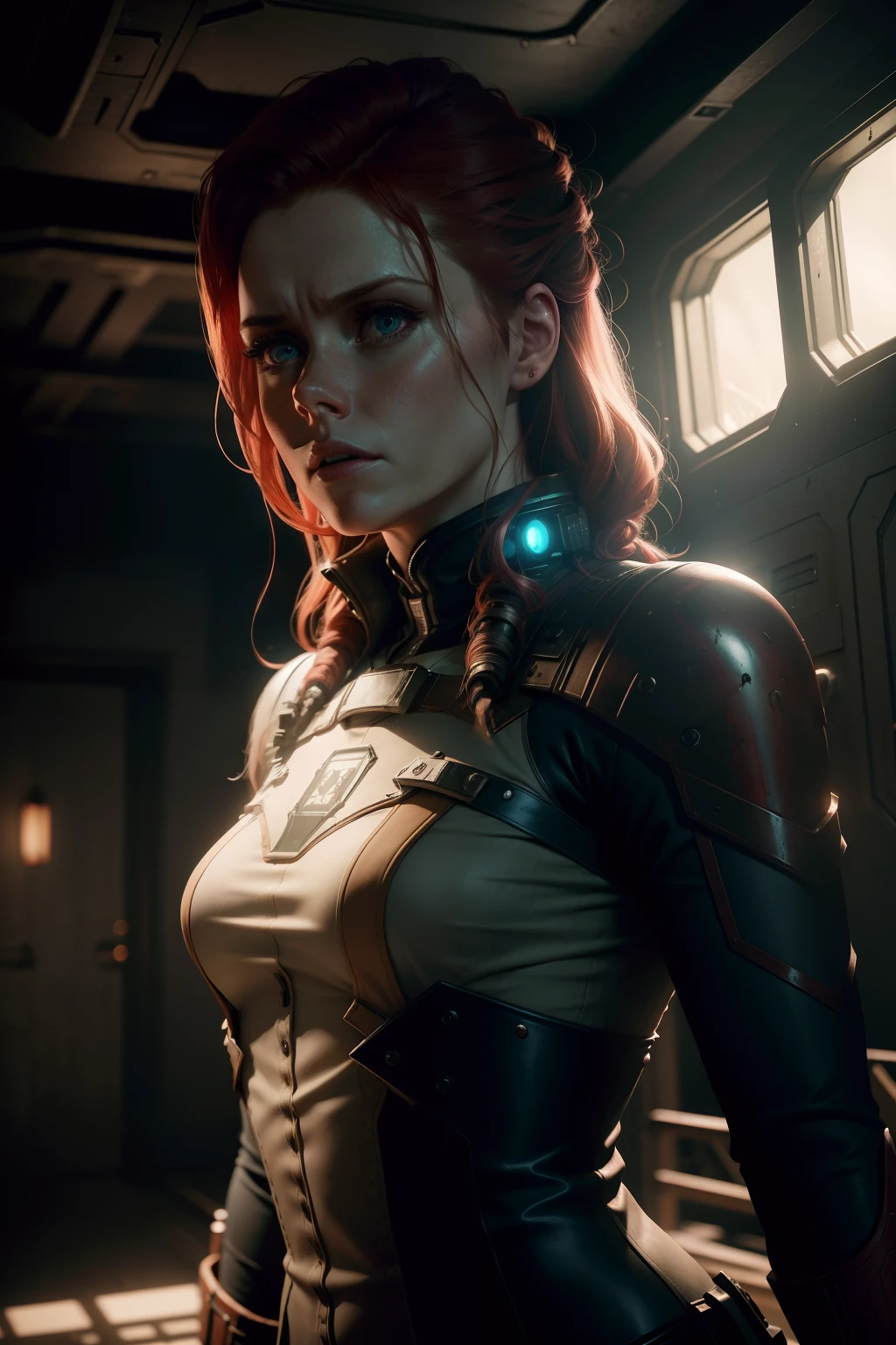 Sci Fi Horror Dead Space Amy Adams on Ishimura Haunted Ship photography, natural light, photorealism, cinematic rendering, ray tracing, the highest quality, the highest detail, Cinematic, Third-Person View, Blur Effect, Long Exposure, 8K, Ultra-HD, Natural Lighting, Moody Lighting, Cinematic Lighting red spooky lighting