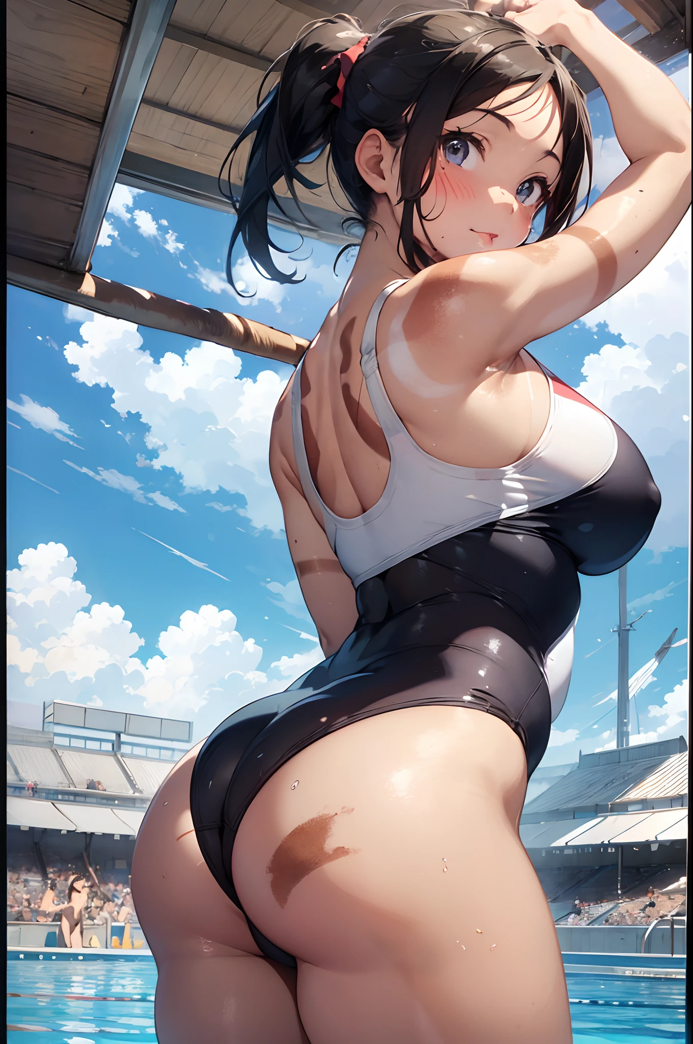 masutepiece、hiquality、Hi-Res、8K、1 persons、femele、Big eyes with double eyelids、lofty nose、((Thick lip))、((Tanning marks:1.3))、ample breasts、thin-waist、(((Competitive Swimwear)))、((round big buttocks))、((Stick your butt out))、hairarmpits、bbw(1.2)、in poolside、stadio、Summer sky、cumulonimbus clouds、Strong sunshine、beatiful backgrounds、captured from behind、Accurate drawing、Detailed drawing、Perfect Beautiful Girl、Perfect Photo