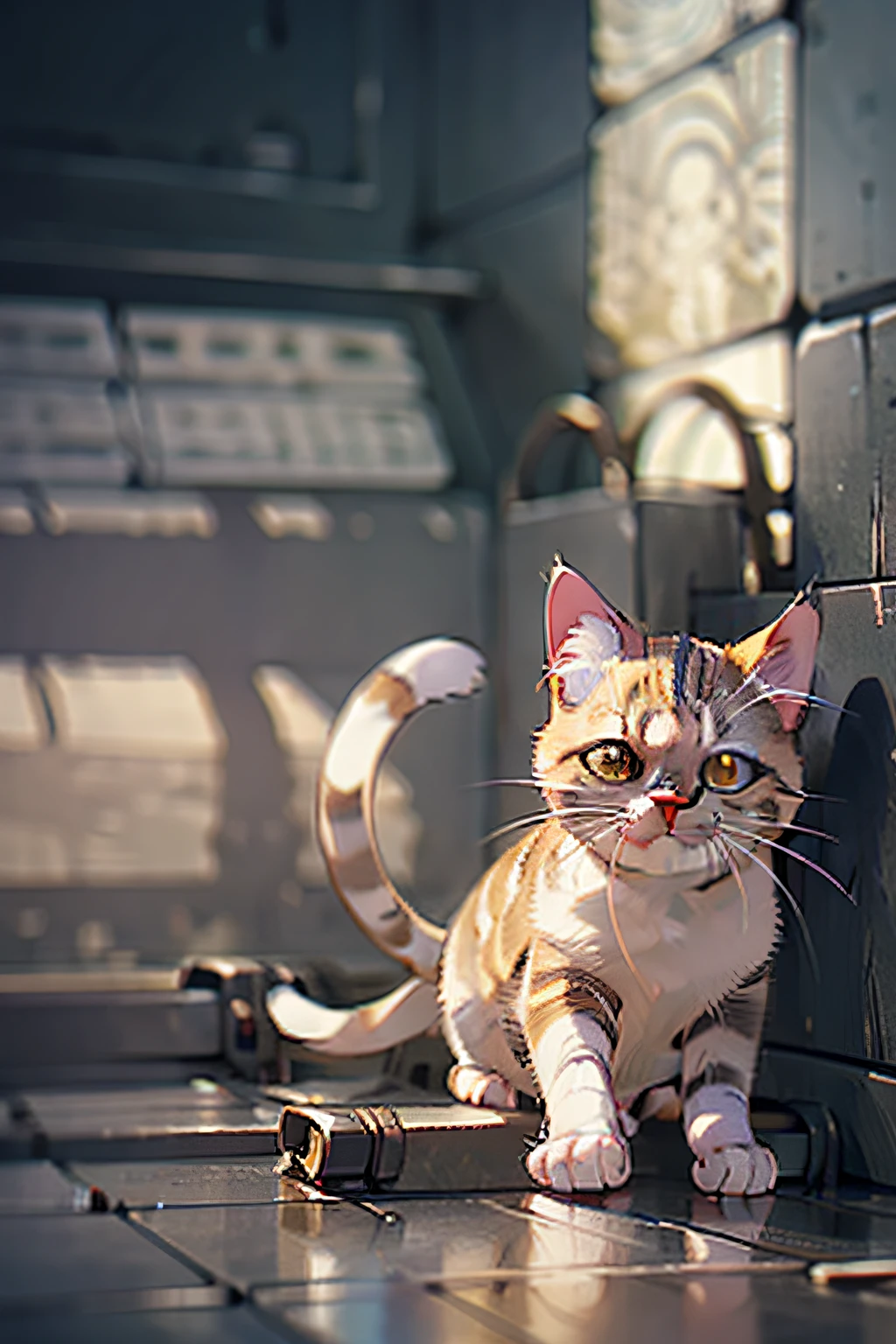 A cute kitten made of metal, (cyborg:1.1), ([tail|detailed wire]:1.3), (intricate detail), hdr, (intricate detail, hyperdetailed:1.2), cine footage, halo shadow, centered
