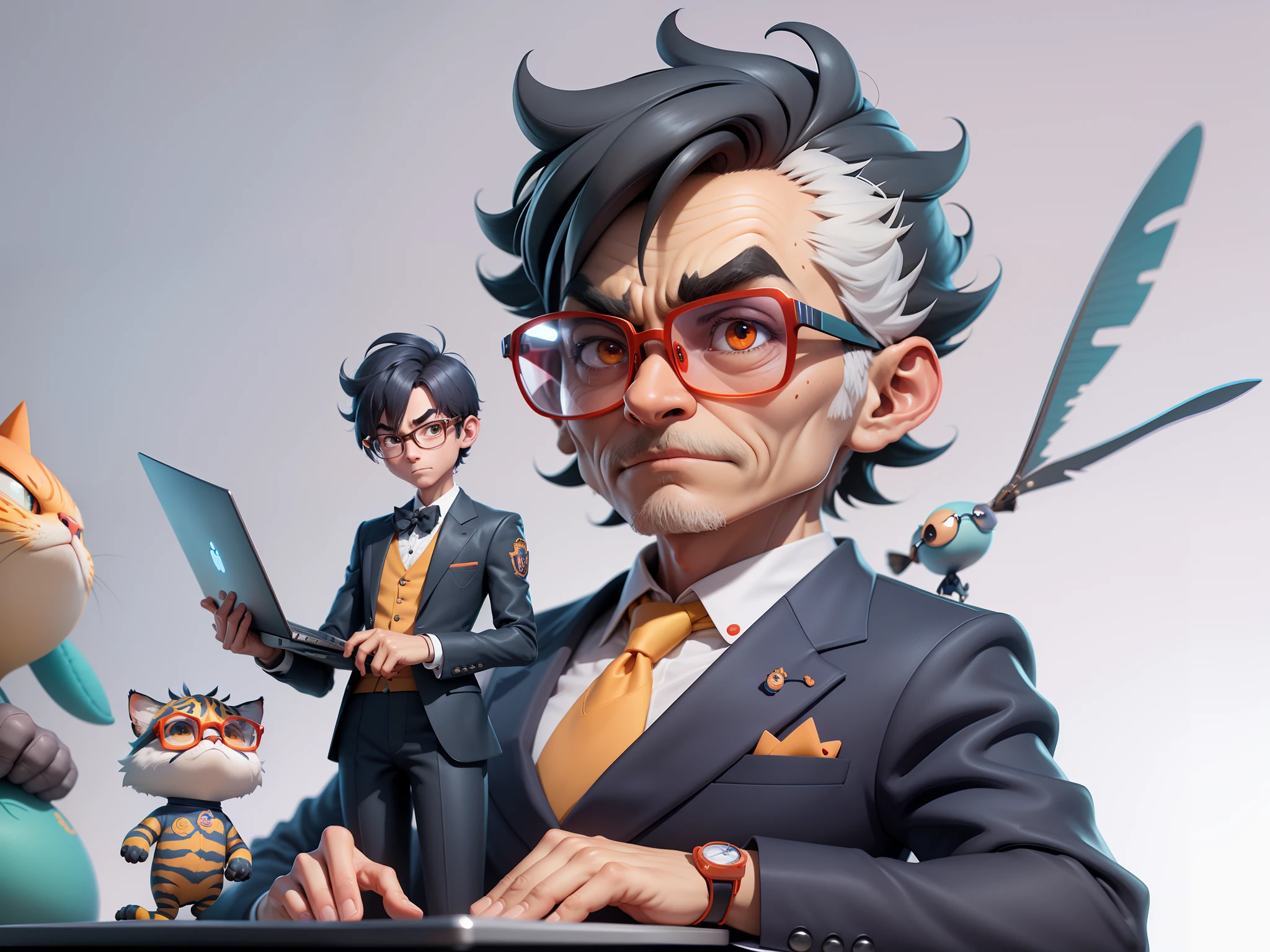 A young man in a suit, Short hair and glasses sat at his desk,holding laptop,digitial painting,tigre,3D character design by Mark Clairen and Pixar and Hayao Miyazaki and Akira Toriyama,4K HD illustration,Very detailed facial features and cartoon-style visuals。