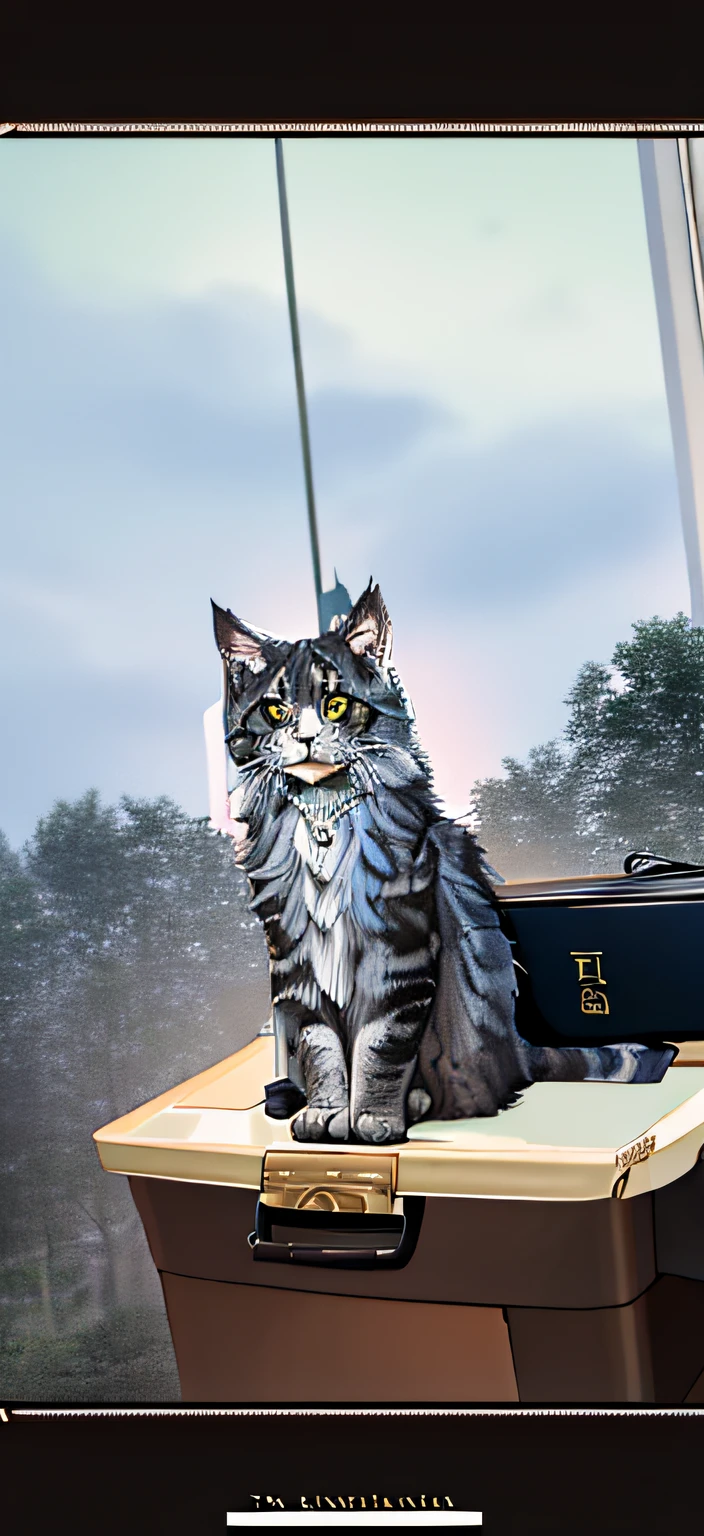 There is a cat sitting on top of a plastic box, maine coon, anthropomorphic large maine coon, A serious looking cat, blue siberian forest cat, 2 years old, awesome cat, persian queen, high-quality picture, 1 male, 2019
