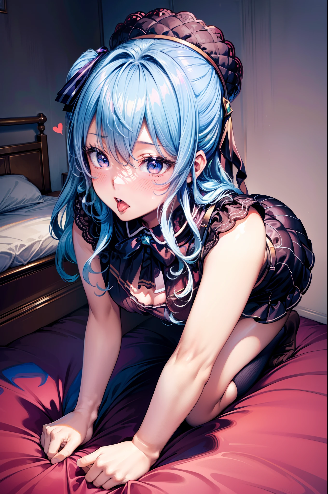 (masterpiece, ultra-detailed, best illustration), blush, sweatdrop, (jitome: 1.3), cum, on bed, leaning forward, spoken heart, Heart logo, Stick out your tongue, Get on your knees, Kneeling, cleavage, small breasts, best quality, highres