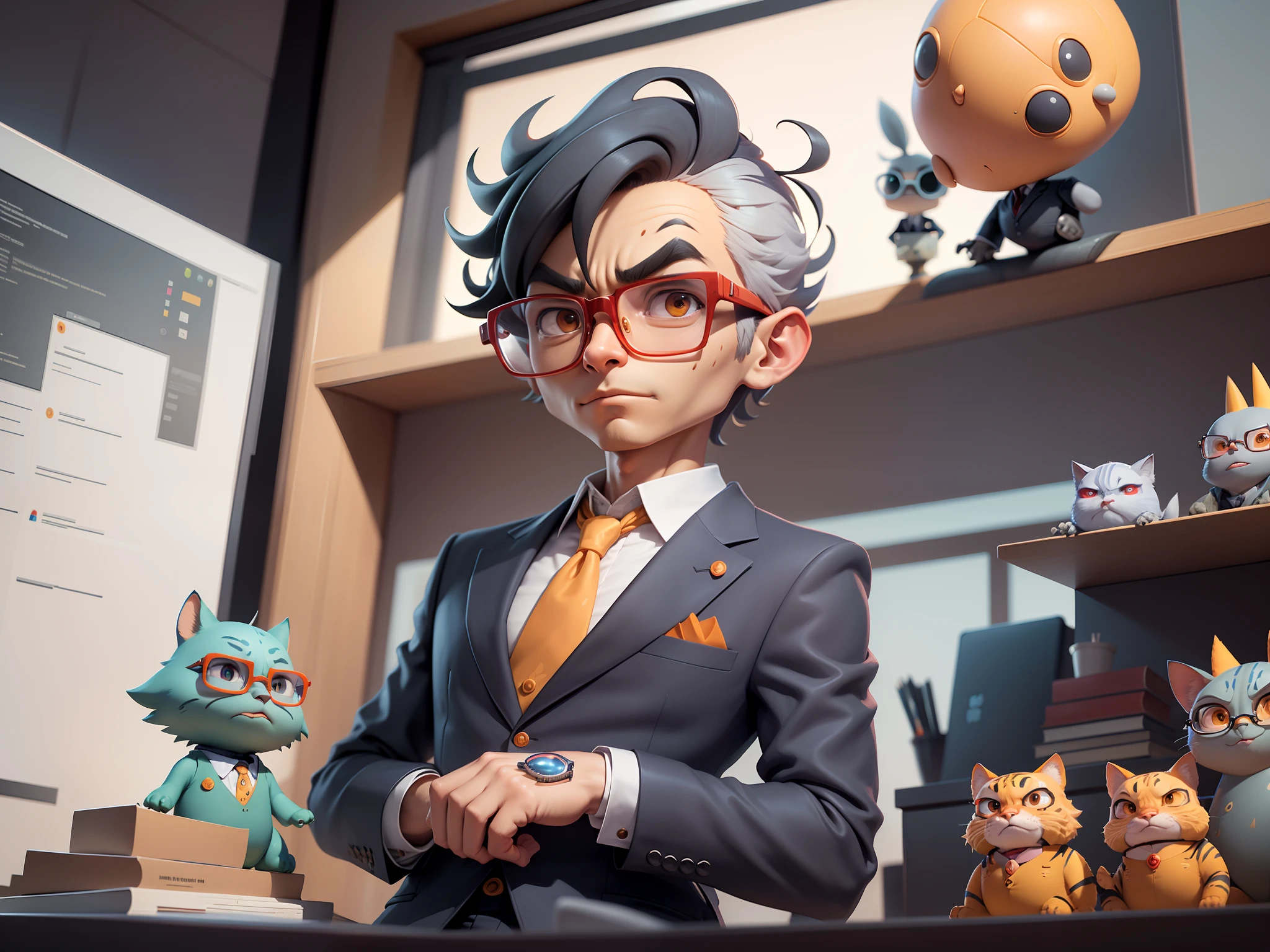 A young man in a suit, Short hair and glasses sat at his desk，holding laptop，digitial painting，tigre，3D character design by Mark Clairen and Pixar and Hayao Miyazaki and Akira Toriyama，4K HD illustration，Very detailed facial features and cartoon-style visuals。