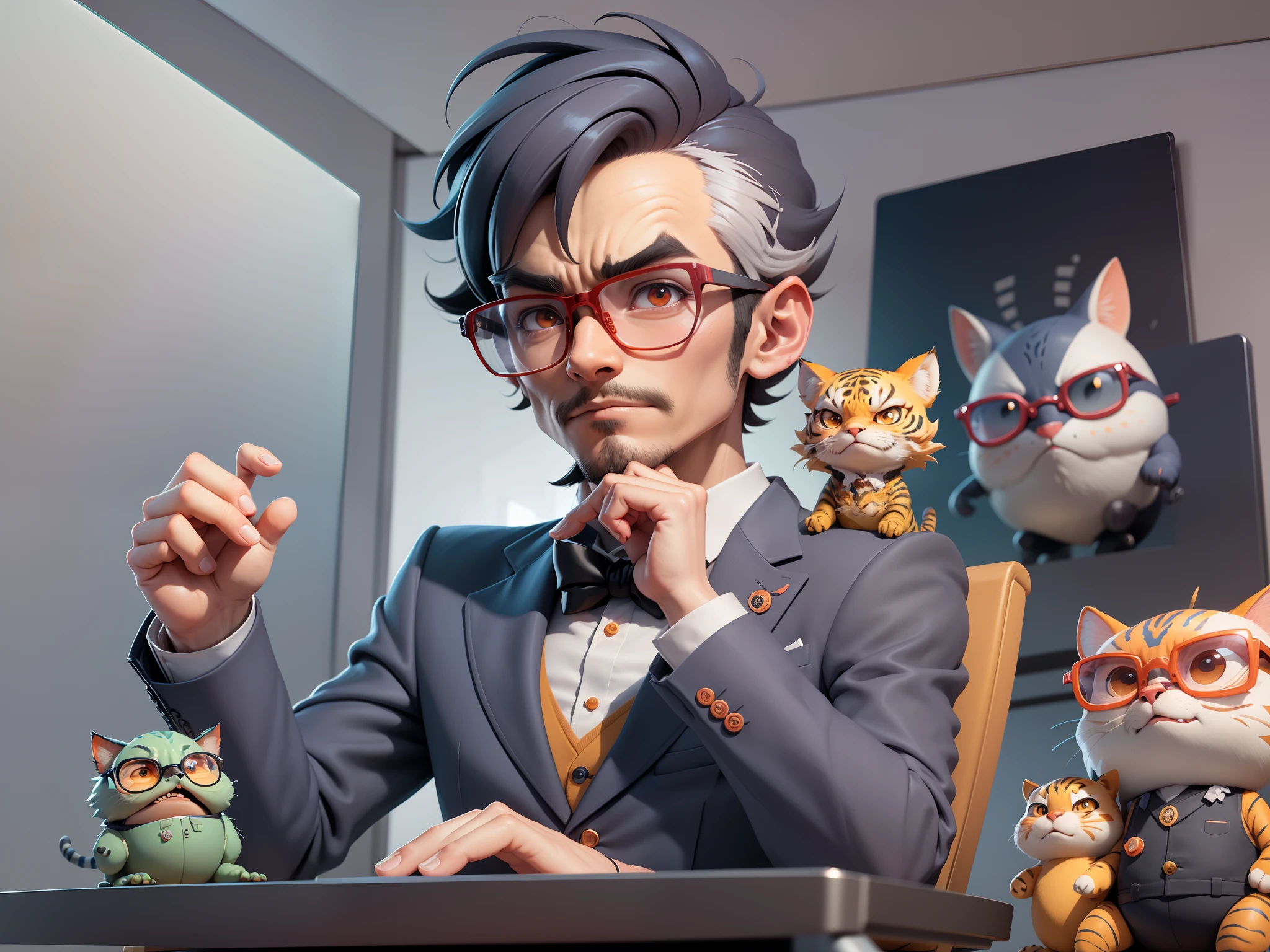 A young man in a suit, Short hair and glasses sat at his desk,holding laptop,digitial painting,tigre,3D character design by Mark Clairen and Pixar and Hayao Miyazaki and Akira Toriyama,4K HD illustration,Very detailed facial features and cartoon-style visuals。