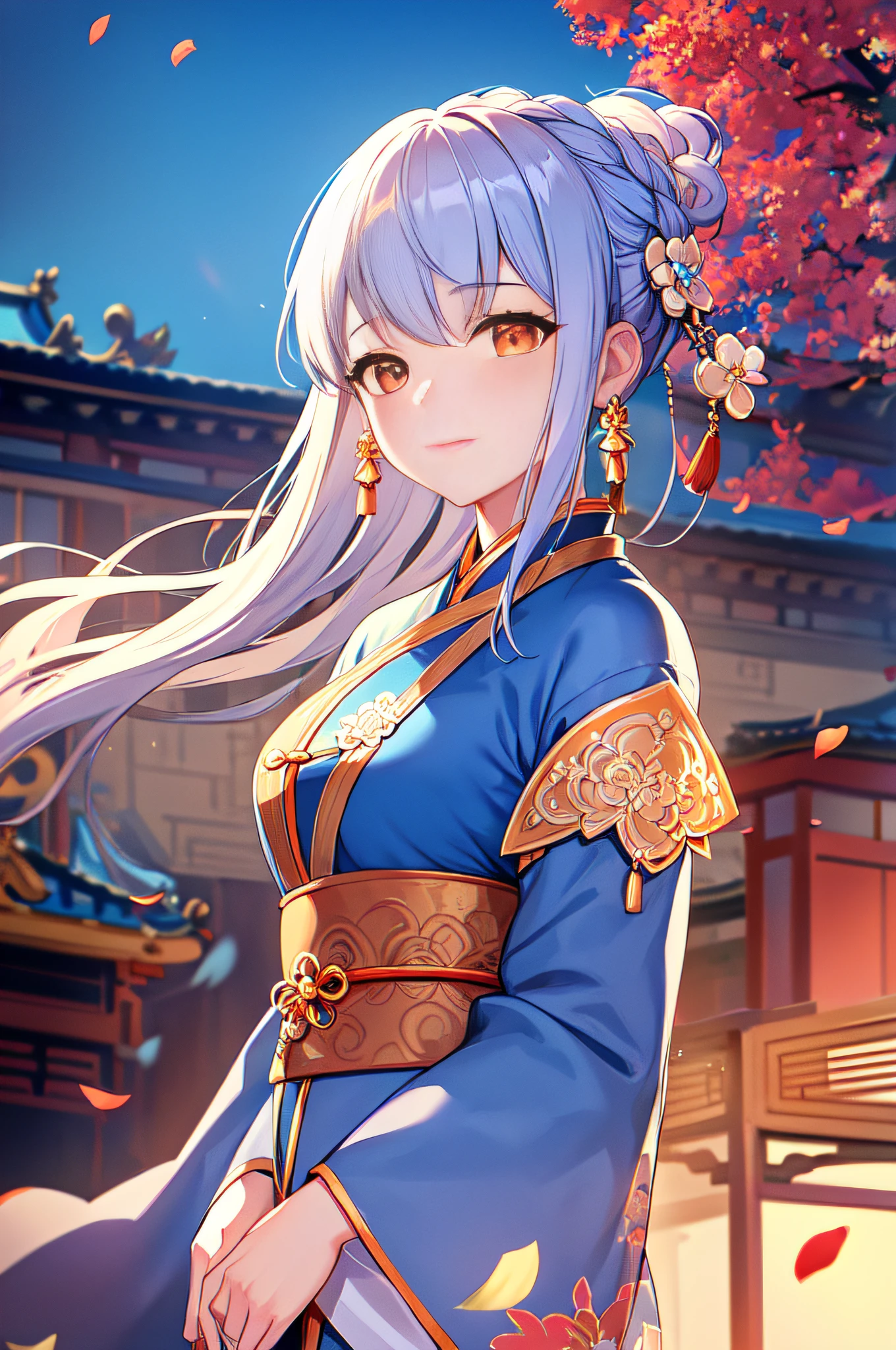 Mature girl , orange eyes, blue and white hair color, floating hair: 10, delicate and smart eyes, intricate damask hanfu, gorgeous accessories, wearing pearl earrings, fov, f/1.8, masterpiece, ancient Chinese architecture, blue sky, flower petals flying, front portrait shot, Chang'e, side light, sunlight on people, 8K