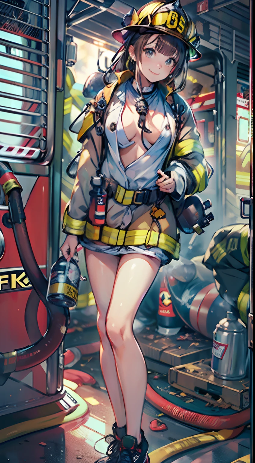{{{masterpiece}}}, {{{best quality}}}, {{ultra-detailed}}, {illustration}, {{an extremely delicate and beautiful}},(Downblouse:2.0)(Best quality, 8k, 32k, Masterpiece, UHD:1.2),Photo of Pretty Japanese woman, top quality, , best quality, realistic, unity, 8k wallpaper, official art, extremely detailed wallpaper,1girl,((boyish)),yo, beautiful teeth,solo,,absurdly long hair, multi hair color,misaligned glasses,earrings,Jacket,(blunt bangs:1.2),looking at viewer, (smile:1.5),(high detailed skin),realistic body,((stoop)),( small breasts),(nipples:1.1), cute girl, famous japanese idol,(Firefighter uniform :1.7),(loose t-shirt:1.3),(very low view:1.3),leaning forward,,