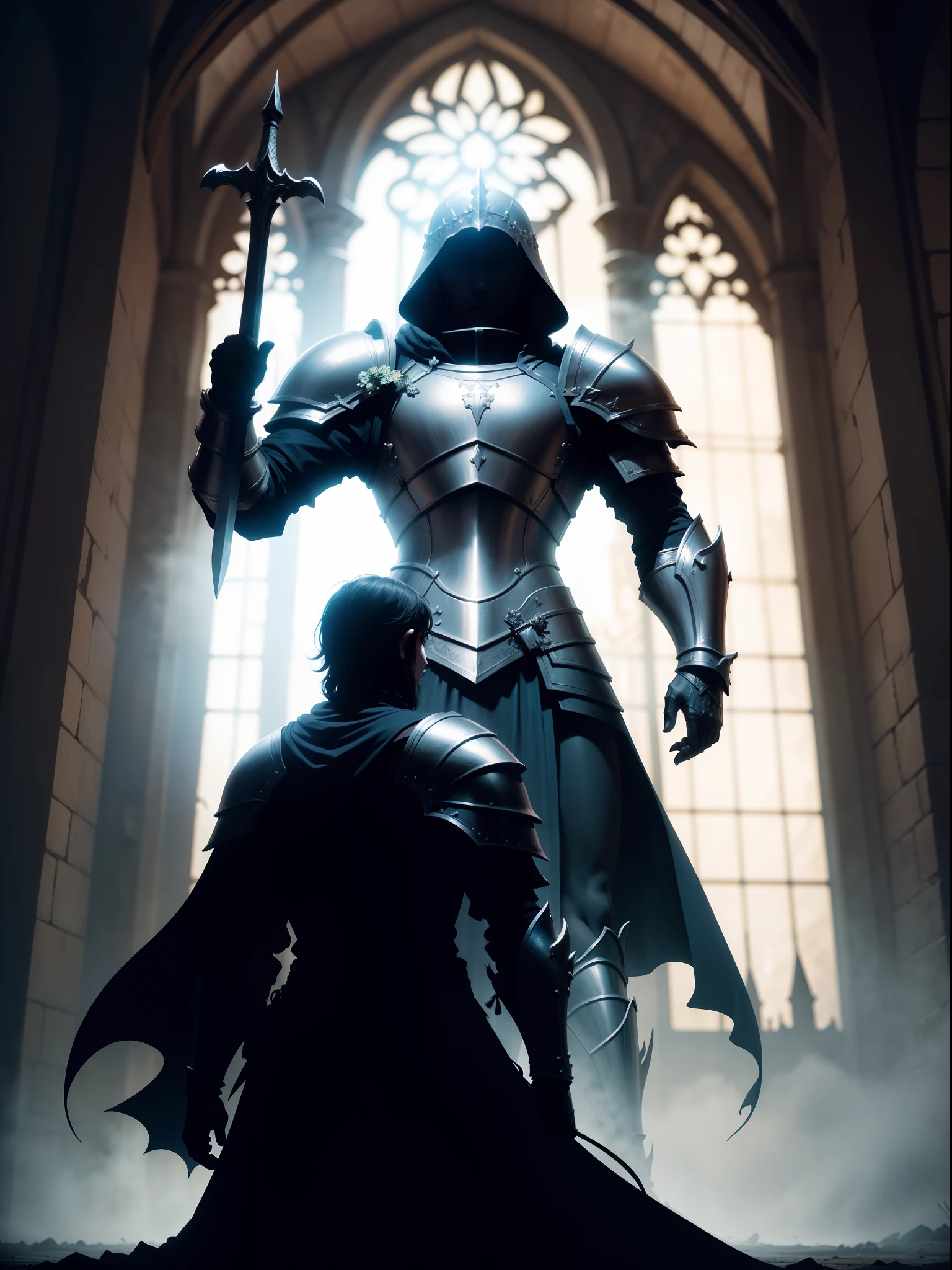simple silhouette of a dnd paladin wearing armour and a sword from faraway with a fantasy church background