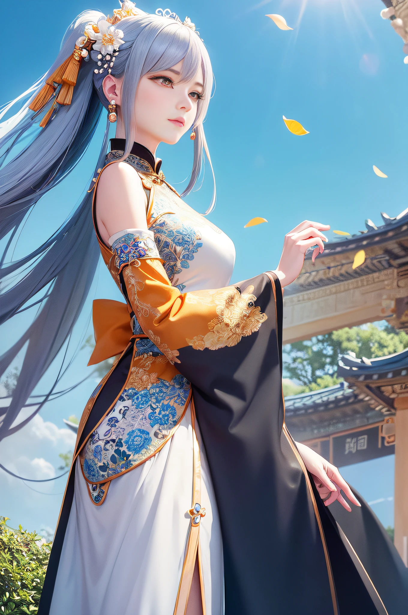 Mature girl , orange eyes, blue and white hair color, floating hair: 10, delicate and smart eyes, intricate damask hanfu, gorgeous accessories, wearing pearl earrings, fov, f/1.8, masterpiece, ancient Chinese architecture, blue sky, flower petals flying, front portrait shot, Chang'e, side light, sunlight on people, 8K