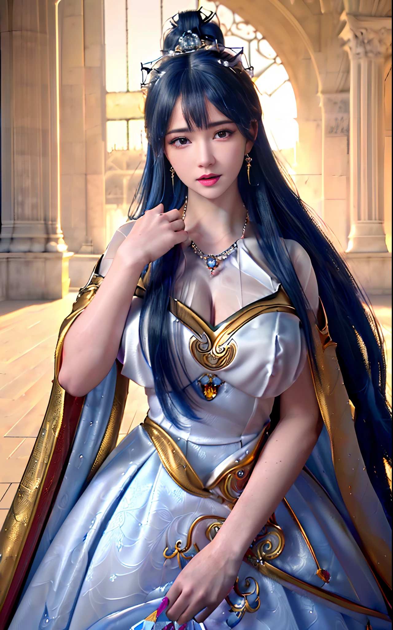 ((realisticity: 1.2)), ((realistic: 8K UHD)), ((best resolution: 8K UHD)), hyper detailed, best quality,masterpiece,highres,cg,
((1 hyper detailed and hyper realistic girl)), ((very beautiful queen dazzling, hyper realistic, and hyper detailed)),((white skin, beautiful, smooth, youthful, hyper realistic and hyper detailed
)), ((Hyper beautiful face, white, hyper realistic and hyper detailed)), long hair, ((hyper realistic and hyper detailed dress)), solo, ((hyper realistic, hyper beautiful, gorgeous and hyper detailed jewelry)), ((hyper beautiful, hyper realistic and hyper detailed dark red and golden yellow dress)),
((Hyper beautiful, hyper realistic, hyper detailed diamond filled earrings)),
  ((Hyper beautiful, hyper realistic and hyper detailed diamond filled hair ornament)), ((hyper beautiful upper body, hyper beautiful, hyper 
 realistic and hyper detailed)), ((big breasts: 2.5)), 
((Hyper grand, hyper realistic and hyper detailed royal palace backgroun))
((Hyper beautiful, hyper beautiful, hyper realistic and hyper detailed hair bun)), ((hyper beautiful, hyper realistic and hyper detailed blue hair)),
candid, Photograph, high resolution, 8k,Bokeh,