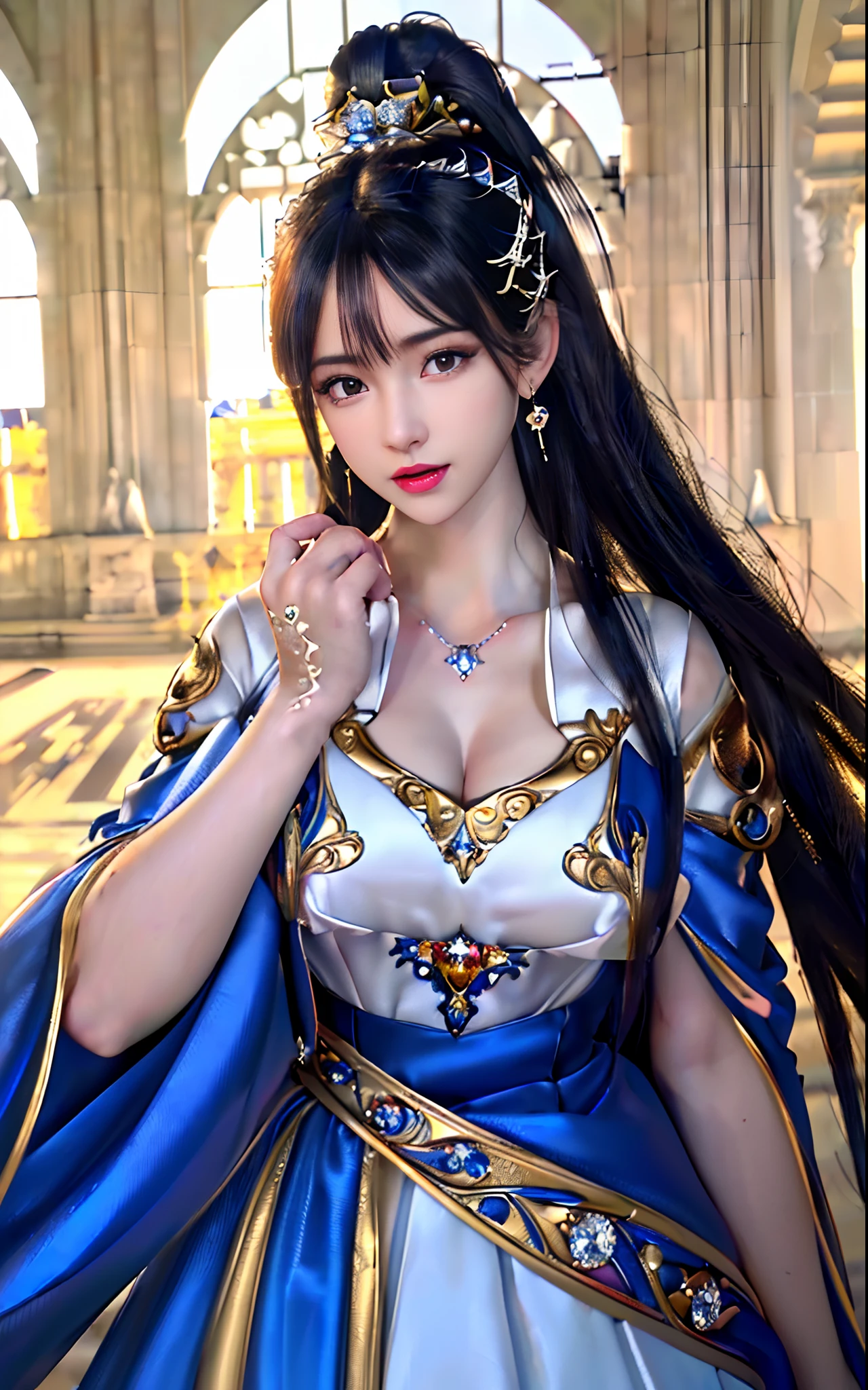 ((realisticity: 1.2)), ((realistic: 8K UHD)), ((best resolution: 8K UHD)), hyper detailed, best quality,masterpiece,highres,cg,
((1 hyper detailed and hyper realistic girl)), ((very beautiful queen dazzling, hyper realistic, and hyper detailed)),((white skin, beautiful, smooth, youthful, hyper realistic and hyper detailed
)), ((Hyper beautiful face, white, hyper realistic and hyper detailed)), long hair, ((hyper realistic and hyper detailed dress)), solo, ((hyper realistic, hyper beautiful, gorgeous and hyper detailed jewelry)), ((hyper beautiful, hyper realistic and hyper detailed dark red and golden yellow dress)),
((Hyper beautiful, hyper realistic, hyper detailed diamond filled earrings)),
((Hyper beautiful, hyper realistic and hyper detailed diamond filled hair ornament)), ((hyper beautiful upper body, hyper beautiful, hyper
realistic and hyper detailed)), ((big breasts: 2.5)),
((Hyper grand, hyper realistic and hyper detailed royal palace backgroun))
((Hyper beautiful, hyper beautiful, hyper realistic and hyper detailed hair bun)), ((hyper beautiful, hyper realistic and hyper detailed blue hair)),
candid, Photograph, high resolution, 8k,Bokeh,