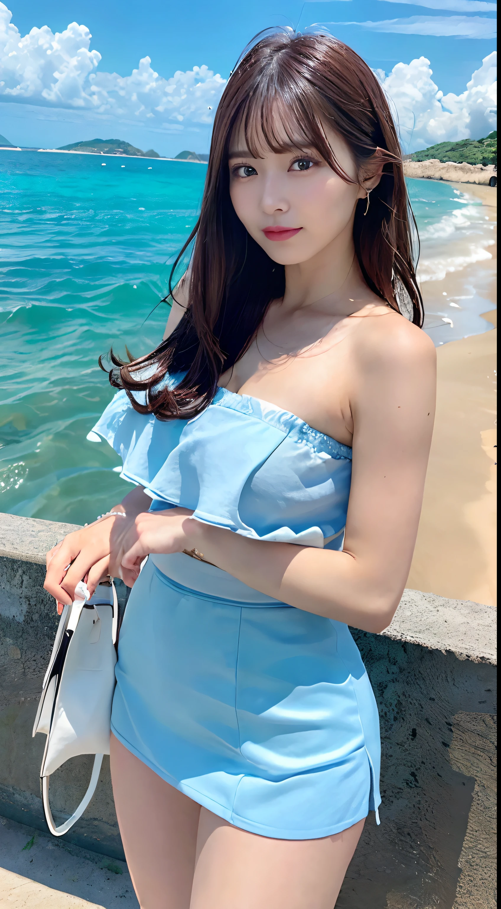 (In the daytime, Need, 8K, tmasterpiece:1.3)), full bodyesbian, Long legs, Focalors:1.2, perfect figure beautiful woman:1.4, Slim abs:1.1, ((Dark brown hair, huge tit:1.2 )), (Bandeau，short  skirt，, standing on your feet:1.2), ((the sea, with blue sky and white clouds:1.3)), Highly detailed facial and skin texture, A detailed eye, 二重まぶた，Flying long hair