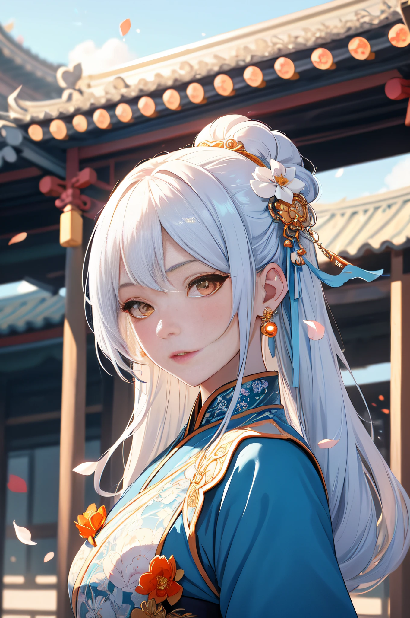 Mature girl , orange eyes, blue and white hair color, floating hair: 10, delicate and smart eyes, intricate damask hanfu, gorgeous accessories, wearing pearl earrings, fov, f/1.8, masterpiece, ancient Chinese architecture, blue sky, flower petals flying, front portrait shot, Chang'e, side light, sunlight on people, 8K