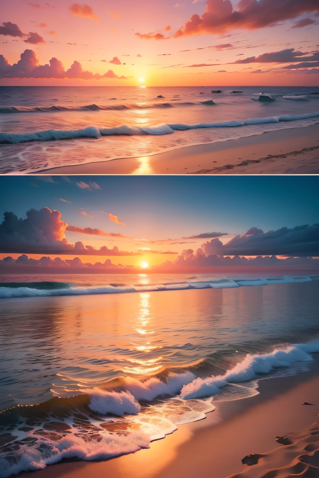 An absolutely mesmerizing sunset on the beach, with a mix of orange, pink, and yellow in the sky. The water is crystal clear, gently kisses the coast, and the white sand is endless. The scene is dynamic and breathtaking, with seagulls soaring high in the sky and palm trees swaying softly. Immerse yourself in the calm atmosphere and let the serenity surround you.