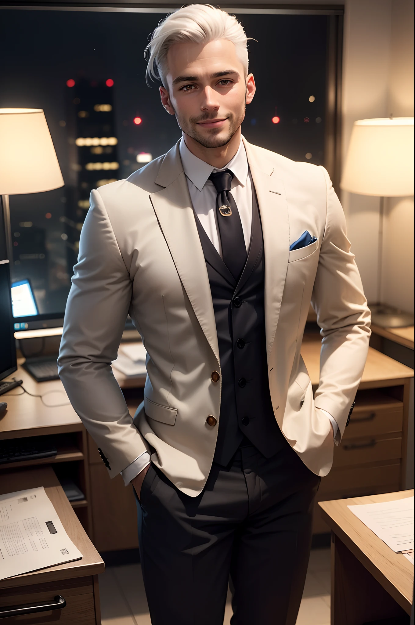 solo, male focus, age 35, businessman, billionaire, white hair, three-piece suit, dress shoes, one hand in pocket, smile, ceo desk office backdrop, warm lighting, night brown eyes, clean shaven