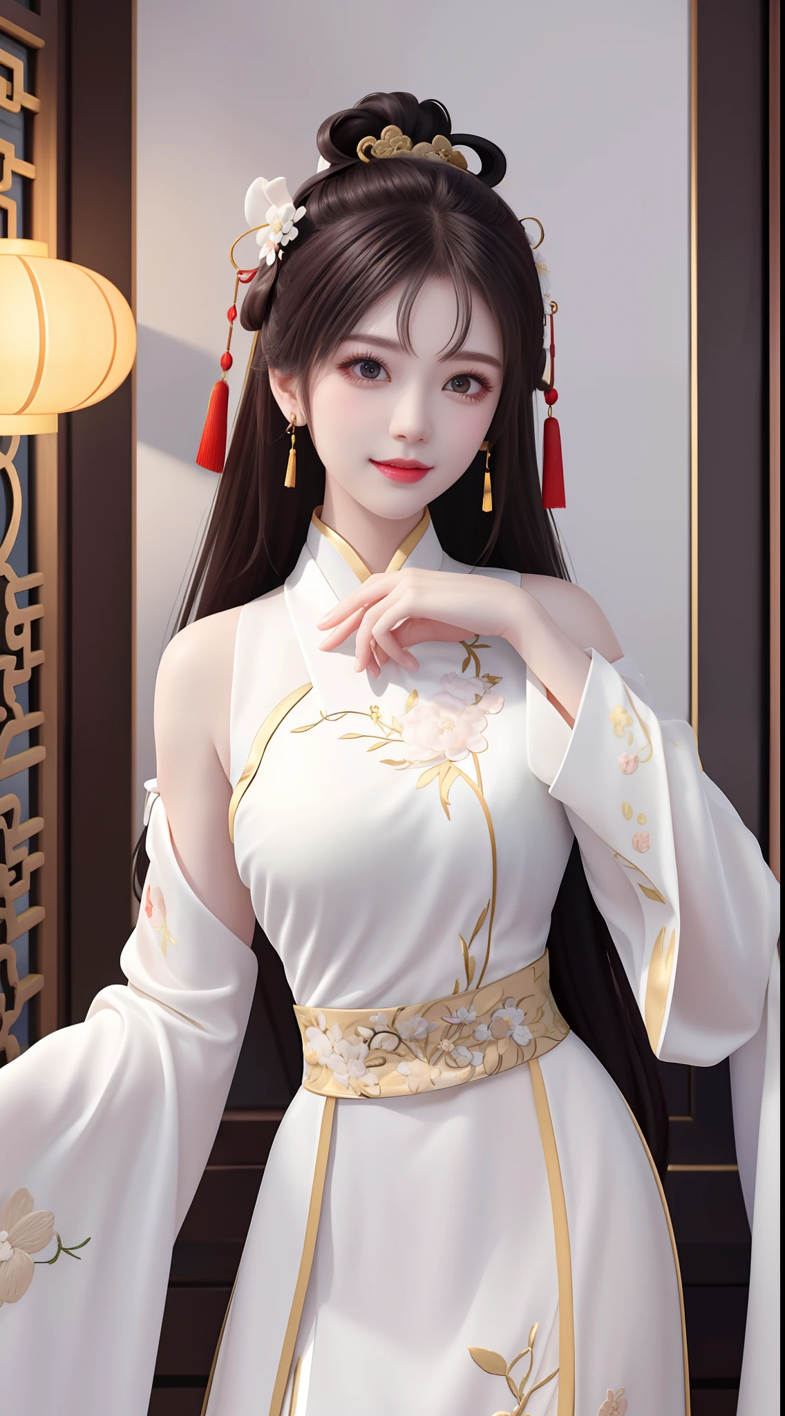 Need,tmasterpiece,A high resolution,1girll,Blushlush,(Seductive smile:0.8),starpupil,Chinese shoulder suction red Hanfu,hair adornments,choker necklace,trinkets,beautfully face,On_Body,Tindal effect,Lifelike,Shadow room,Light edges,Two-tone lighting,(highdetailskin:1.2),8K, Ultra HD,Slr,softlighting,high high quality,Volumetriclighting,Candid camera,photore,A high resolution,4K,8K,Antique bust photo in the background: A girl about 22 years old,Perfectcomposition,Precise and perfect human anatomy,Golden ratio creation,Surreal and realistic。Detailed skin details,White skin of the,shiny skin,Creamy glowing skin,Skin that is white and red。Exquisite depiction of facial features,Perfect makeup,Detailed depiction of the face,Clean and flawless face。A sweet smile,Smile without showing your teeth。Extremely detailed depiction of hair,Long black hair,Hair coiled,tying hair,High bun,The wind blew away the hair。Eyebrows upturned,long eyelasher,二重まぶた。Affectionate eyes,Big bright eyes,Sweet with lying silkworms。High nose bridge。Thin lips,Pink lip gloss,Straight teeth。Delicate collarbones。Delicate pendant,Ear ring。Perfect tall figure,Get it all together,Long legs and thin waist,Skinny beauty,Can't be too thin。Straight chest,medium boob。Keep your head up and your chest up,Look ahead,Face the lens,Stand。Ancient architectural background(((Chinese style new Chinese white embroidered dress)),half-body photo