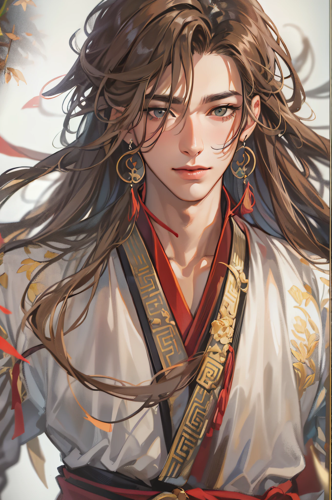Best quality at best,tmasterpiece,very detailed wallpaper,Long hair hanging down,Bangs with small braids on both sides,brown hair,Hide arms,bblurry,longer sleeves,blur backgroun,独奏,1 mature man,mature,Handsome and handsome,brown hair,Red Chinese clothing,Righteous handsome feeling,malefocus,looking at viewert,red line,hair adornments, ssmile,facial closeups,Face portrait,themoon,sweet osmanthus