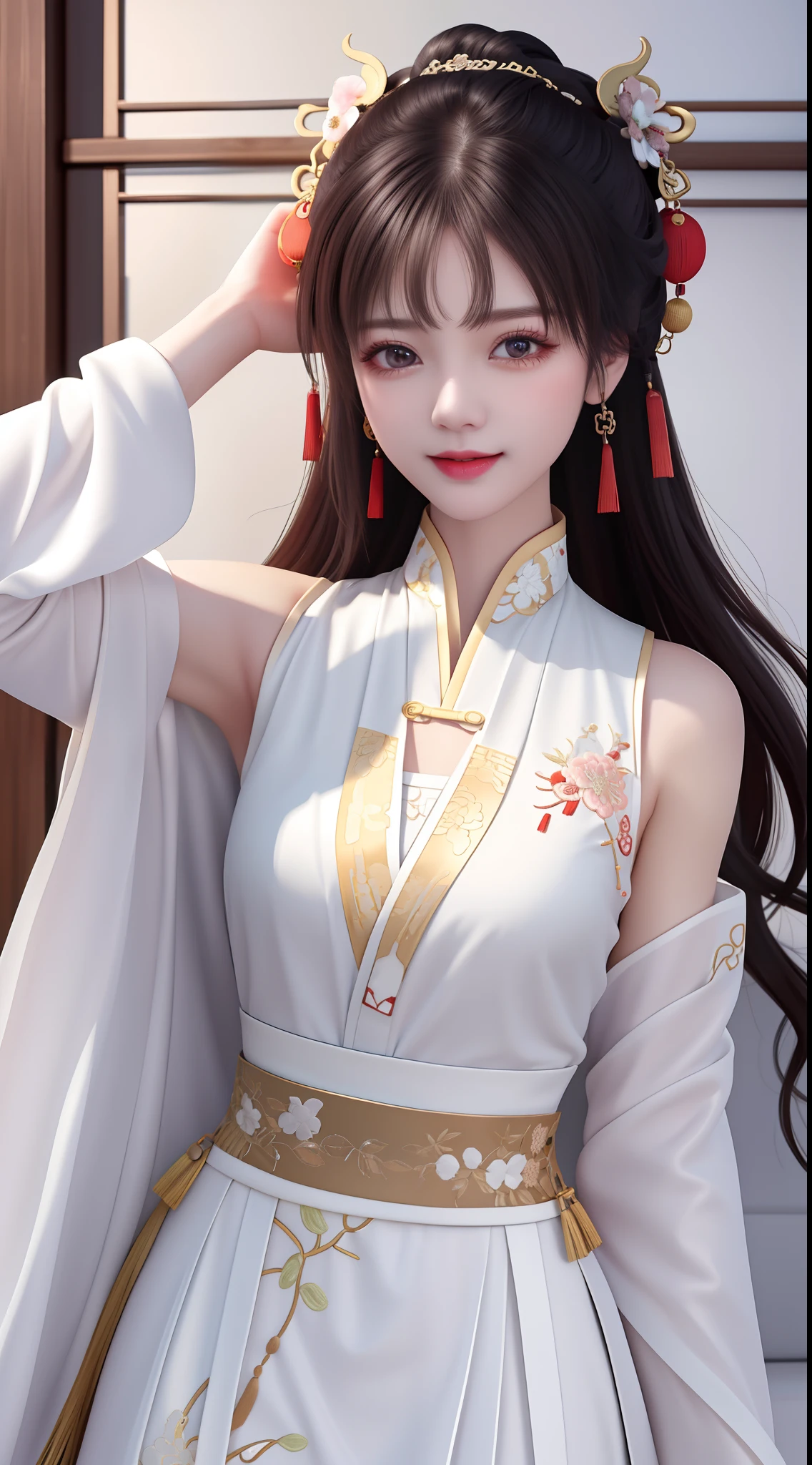 Need,tmasterpiece,A high resolution,1girll,Blushlush,(Seductive smile:0.8),starpupil,Chinese shoulder suction red Hanfu,hair adornments,choker necklace,trinkets,beautfully face,On_Body,Tindal effect,Lifelike,Shadow room,Light edges,Two-tone lighting，（highdetailskin：1.2），8K, Ultra HD，Slr，softlighting，high high quality，Volumetriclighting，Candid camera，photore，A high resolution，4K，8K，Antique bust photo in the background: A girl about 22 years old，Perfectcomposition，Precise and perfect human ???????，Golden ratio creation，Surreal and realistic。Detailed skin details，White skin of the，shiny skin，Creamy glowing skin，Skin that is white and red。Exquisite depiction of facial features，Perfect makeup，Detailed depiction of the face，Clean and flawless face。A sweet smile，Smile without showing your teeth。Extremely detailed depiction of hair，Long black hair，Hair coiled，tying  hair，High bun，The wind blew away the hair。Eyebrows upturned，long eyelasher，二重まぶた。Affectionate eyes，Big bright eyes，Sweet with lying silkworms。High nose bridge。Thin lips，Pink lip gloss，Straight teeth。Delicate collarbones。Delicate pendant，Ear ring。Perfect tall figure，Get it all together，Long legs and thin waist，Skinny beauty，Can't be too thin。Straight chest，medium boob。Keep your head up and your chest up，Look ahead，Face the lens，Stand。Ancient architectural background(((Chinese style new Chinese white embroidered dress))，half-body photo