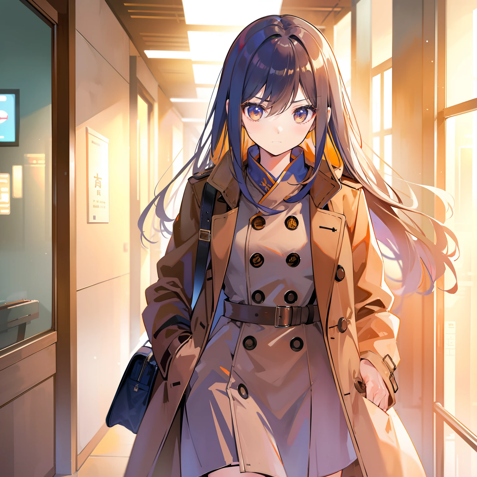 A girl in a brown trench coat carries a leather bag，Eschatological，blasts，火焰，hallways，废墟，warriors。