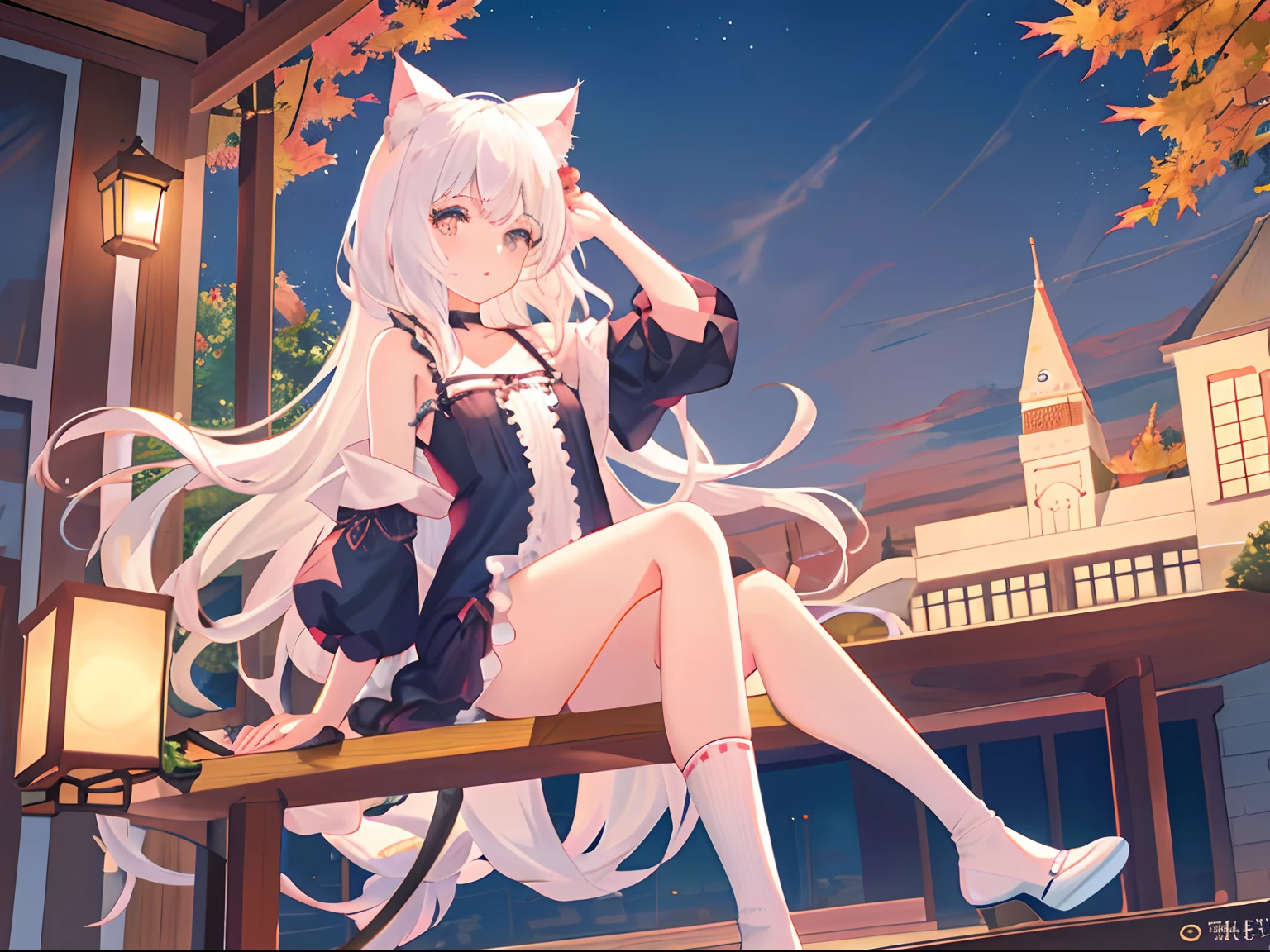 1girl, solo, white hair, (peach eyes: 1.8), masterpiece, best quality, looking at viewer, full body, adult, cat ears, cat tail, detailed, suprised expression, small breasts, loungewear, hd, pixiv, 4k, detailed, hyperdetailed, socks, comfortable, train, autumn, sitting at table, riding tain