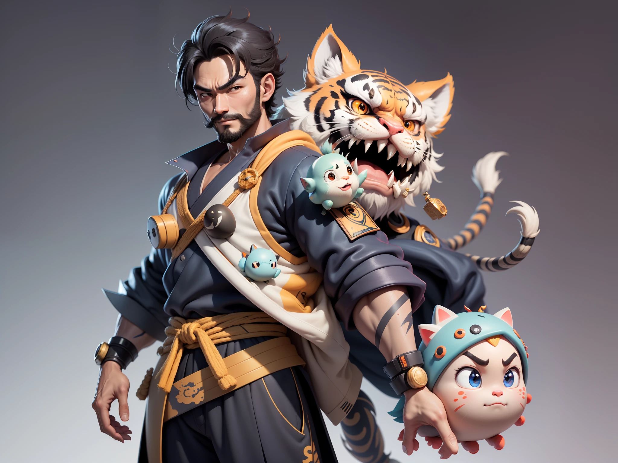 (Daisaku),(Need),(Super meticulous),(full bodyesbian:1.2),Super young man with Japanese geisha,Beautiful,orient,one tiger,Aeolian Thor,Raised sexy,爆乳,Oriental face,TV Anchor,Bust portrait illustration,In black suit,a blue tie,The face is slightly chubby,The face was clean,without a beard,Black super short hair,Black eyes,Smile confidently,3C computer sub-products,iPad, iphone,Digital painting,3D character design by Mark Clairen and Pixar and Hayao Miyazaki and Akira Toriyama,The illustration is a high-definition illustration in 4K resolution,With very detailed facial features and cartoon-style visuals。
