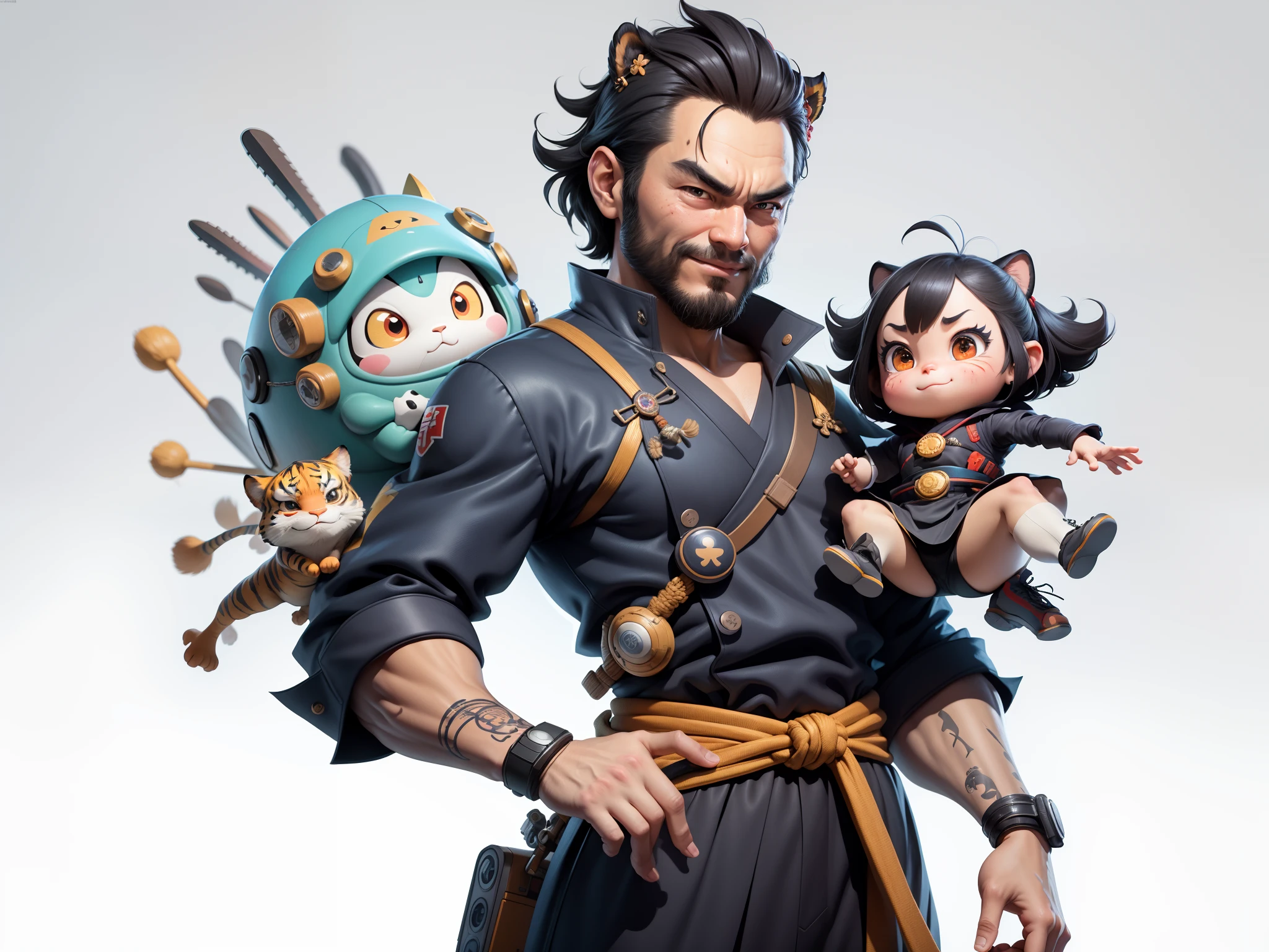 (Daisaku),(Need),(Super meticulous),(full bodyesbian:1.2),Super young man with Japanese geisha,Beautiful,orient,one tiger,Aeolian Thor,Raised sexy,爆乳,Oriental face,TV Anchor,Bust portrait illustration,In black suit,a blue tie,The face is slightly chubby,The face was clean,without a beard,Black super short hair,Black eyes,Smile confidently,3C computer sub-products,iPad, iphone,Digital painting,3D character design by Mark Clairen and Pixar and Hayao Miyazaki and Akira Toriyama,The illustration is a high-definition illustration in 4K resolution,With very detailed facial features and cartoon-style visuals。