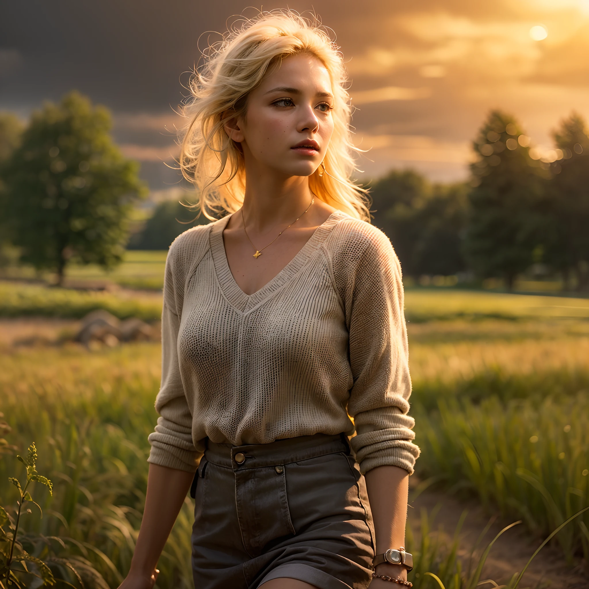 (realistic:1.3), finely detailed, quality, rembrandt lighting, (masterpiece:1.2), (photorealistic:1.2), (best quality), (detailed skin:1.3), (intricate details), dramatic, ray tracing, 1girl, american white girl, blonde hair, 21 years old, medium breasts, (Meadow, Sun, Clouds, Field, Farming, Starlight, Walking trail)