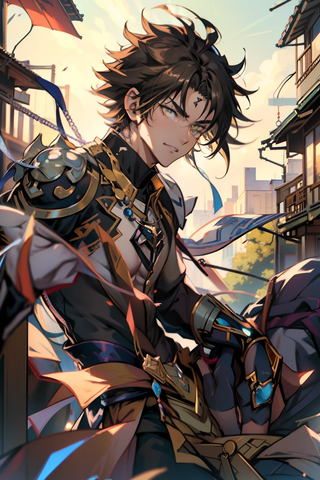male people，((Masterpiece)), ((Best quality)), Ultra detailed,((illustration)), Dynamic Angle, Detailed light, (Delicate eyes), Floating, 1boy, Male focus, Head, Clothing, Yellow eyes, necklace, tattoo, (Forehead:0.8), (ahoge:0.8), jewelry, apathy，Ray， chest muscle， Sexy ,frontage，style of anime4 K， 4K anime wallpaper， Badass anime 8 K， 4 k comic wallpaper， young anime man， Anime boys， Anime wallpapers 4 k， Anime wallpaper 4K， High quality anime art style， Anime moe art style， Anime art wallpaper 8 K， Anime art wallpaper 4 K， RGB lighting