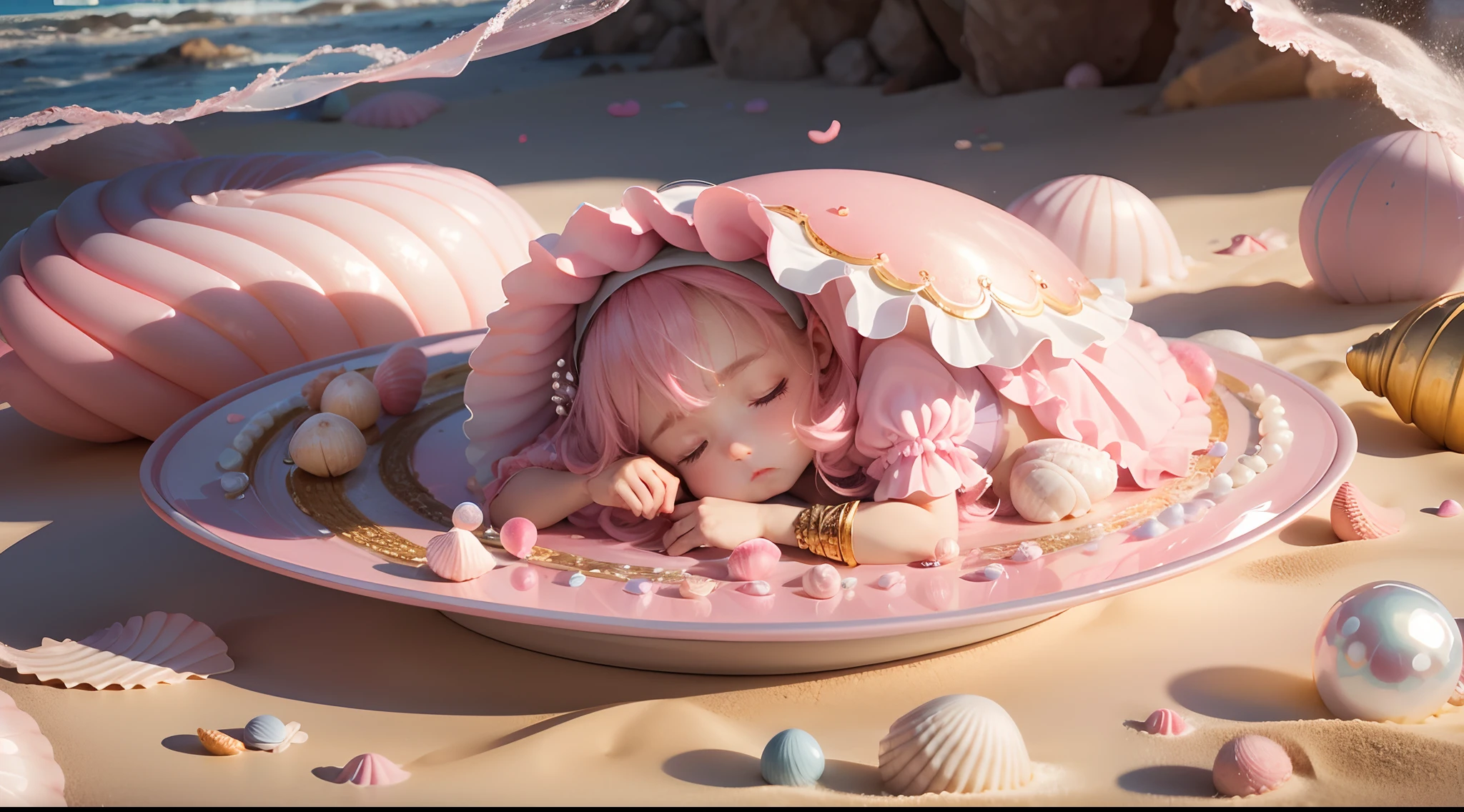 (8k, RAW Photo, Best Quality, Masterpiece: 1.2), (Realistic, Realistic: 1.37) There are many pink shells on the beach, there is water, pearlescent, pearls and shells, soft spills, pearling, pink jellyfish everywhere, soft 3D rendering, ethereal bubbles, bubble landscape, Iray shader, pastel pink, pink reflections, pearl sky, shells, paradise pink, pastel colors, pink pastels, 1 tiny tiny girl in the shells, fell asleep