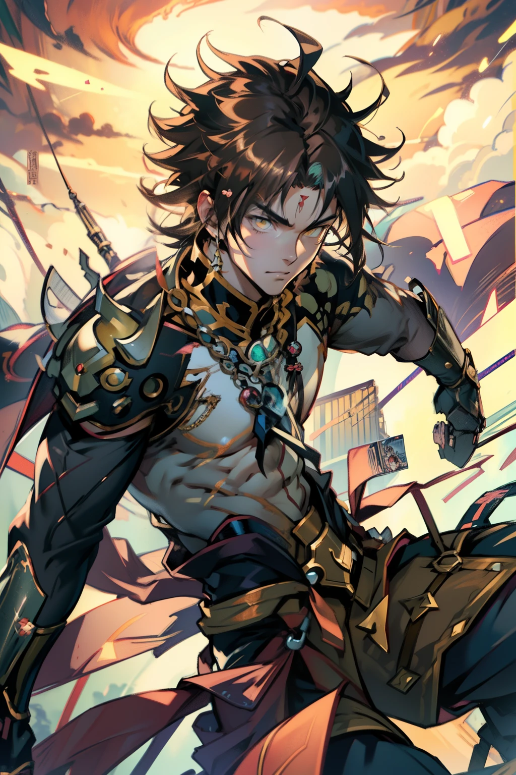 male people,((Masterpiece)), ((Best quality)), Ultra detailed,((illustration)), Dynamic Angle, Detailed light, (Delicate eyes), Floating, 1boy, Male focus, Head, Clothing, Yellow eyes, necklace, tattoo, (Forehead:0.8), (ahoge:0.8), jewelry, apathy,Ray, chest muscle, Sexy ,frontage,style of anime4 K, 4K anime wallpaper, Badass anime 8 K, 4 k comic wallpaper, young anime man, Anime boys, Anime wallpapers 4 k, Anime wallpaper 4K, High quality anime art style, Anime moe art style, Anime art wallpaper 8 K, Anime art wallpaper 4 K, RGB lighting