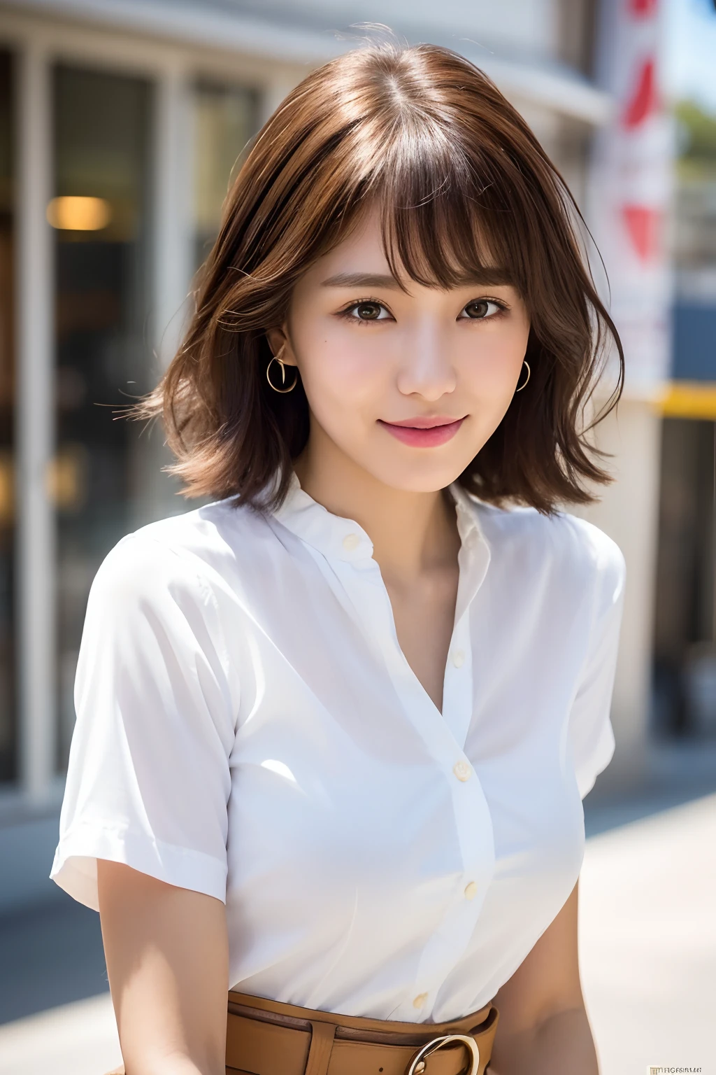 (8k, RAW photos, top quality, masterpiece: 1.2), ultra detailed, super resolution, (real, real photos: 1.37), portraits, high definition RAW color photos, professional photos, very detailed and beautiful, highly detailed, 8k wallpapers, amazing details, huge file size, official art, highly detailed CG Unity 8k wallpapers, highly detailed beautiful girls, highly detailed facesHighly detailed eyes, highly detailed skin, highly detailed fingers, highly detailed nose, highly detailed mouth, perfect anatomy, highly detailed background, highly detailed clothing, one girl, (18:1.2), teen, cute girl, famous Japan idol, cute, realistic body, petite, white skin, radiant skin, slim body, handsome body, brown hair, short curly hair, (blunt bangs: 1.2) , smile, cute, youthful, pretty face, realistic face, delicate eyes, sagging eyes, white shirt, skirt, earrings, camera gaze, cowboy shot, front-facing, standing, contrappost, high street, dynamic lighting,
